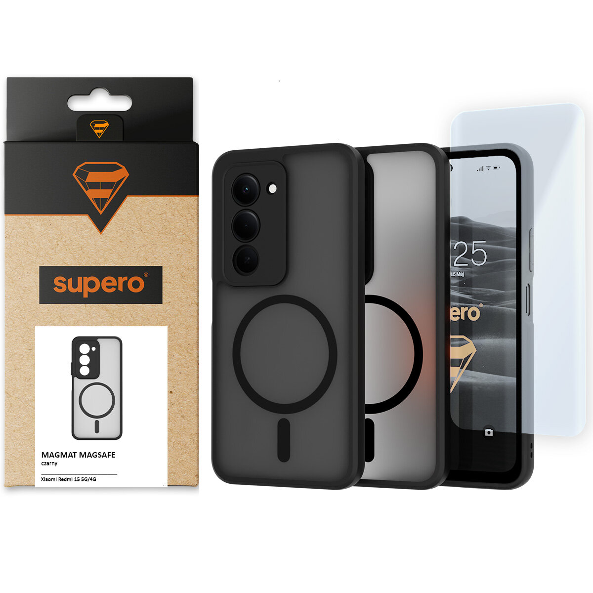 Obraz przedstawia czarne etui z okrągłym wzorem, przeznaczone do Xiaomi Redmi 15 5G/4G, wraz z opakowaniem z logo \'supero\'. W tle widoczny jest telefon z wyświetlaczem oraz dodatkowe szkło ochronne.