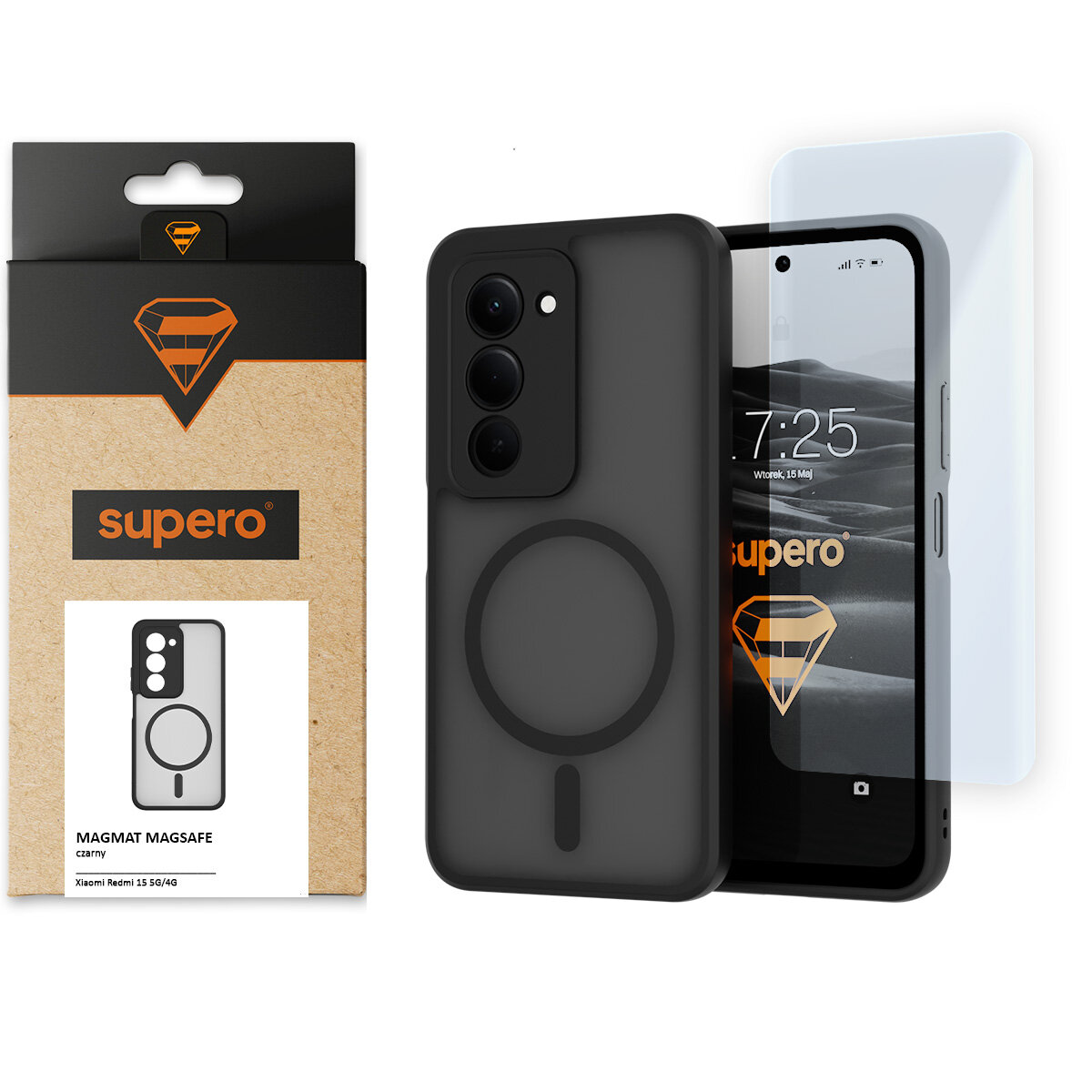 Na obrazie widoczne jest czarne etui do telefonu z trzema otworami na aparat oraz okrągłym wzorem, obok znajduje się opakowanie z logo \'supero\'.
