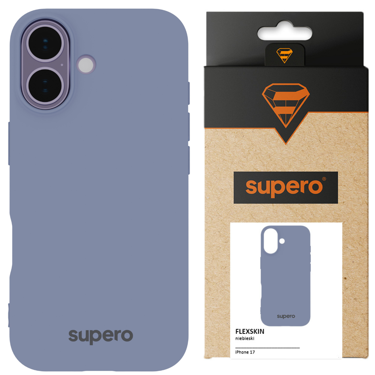 Na obrazie widoczne jest niebieskie etui silikonowe z napisem \'supero\' oraz opakowanie z logo supero i grafiką przedstawiającą etui. Na opakowaniu znajduje się tekst: \'FLEXSKIN niebieski iPhone 17\'.
