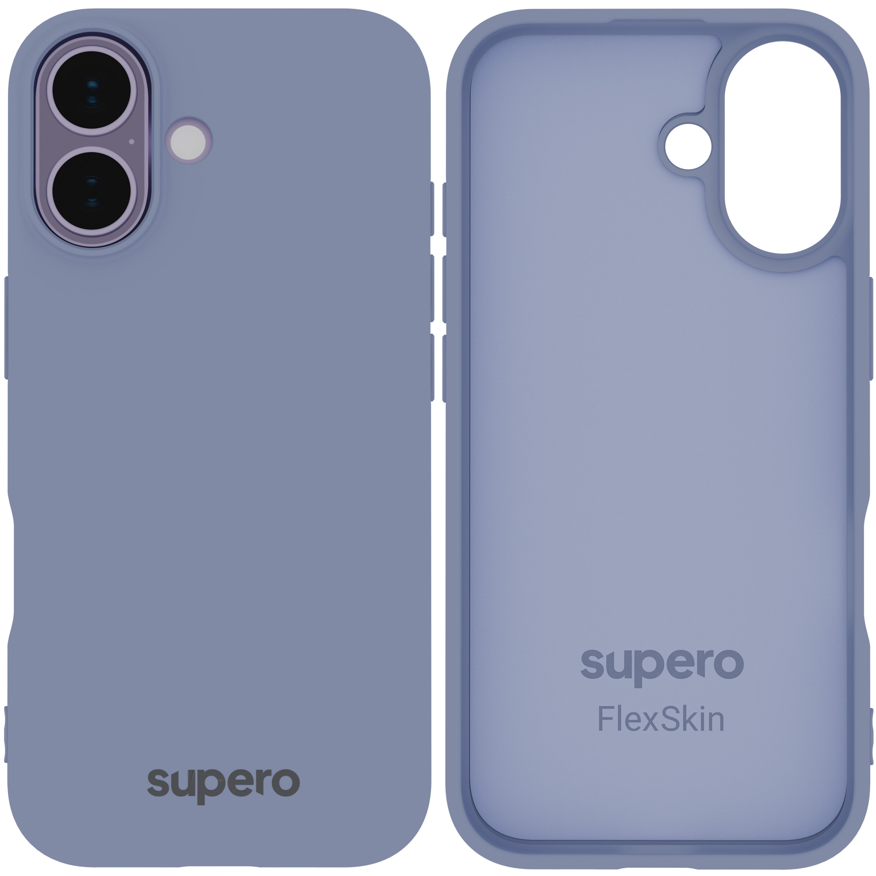 Na obrazie widoczne są dwa silikonowe etui w kolorze fioletowym, jedno z przodu, drugie z tyłu. Na obu etui znajduje się napis \'supero\', a na jednym dodatkowo \'FlexSkin\'.