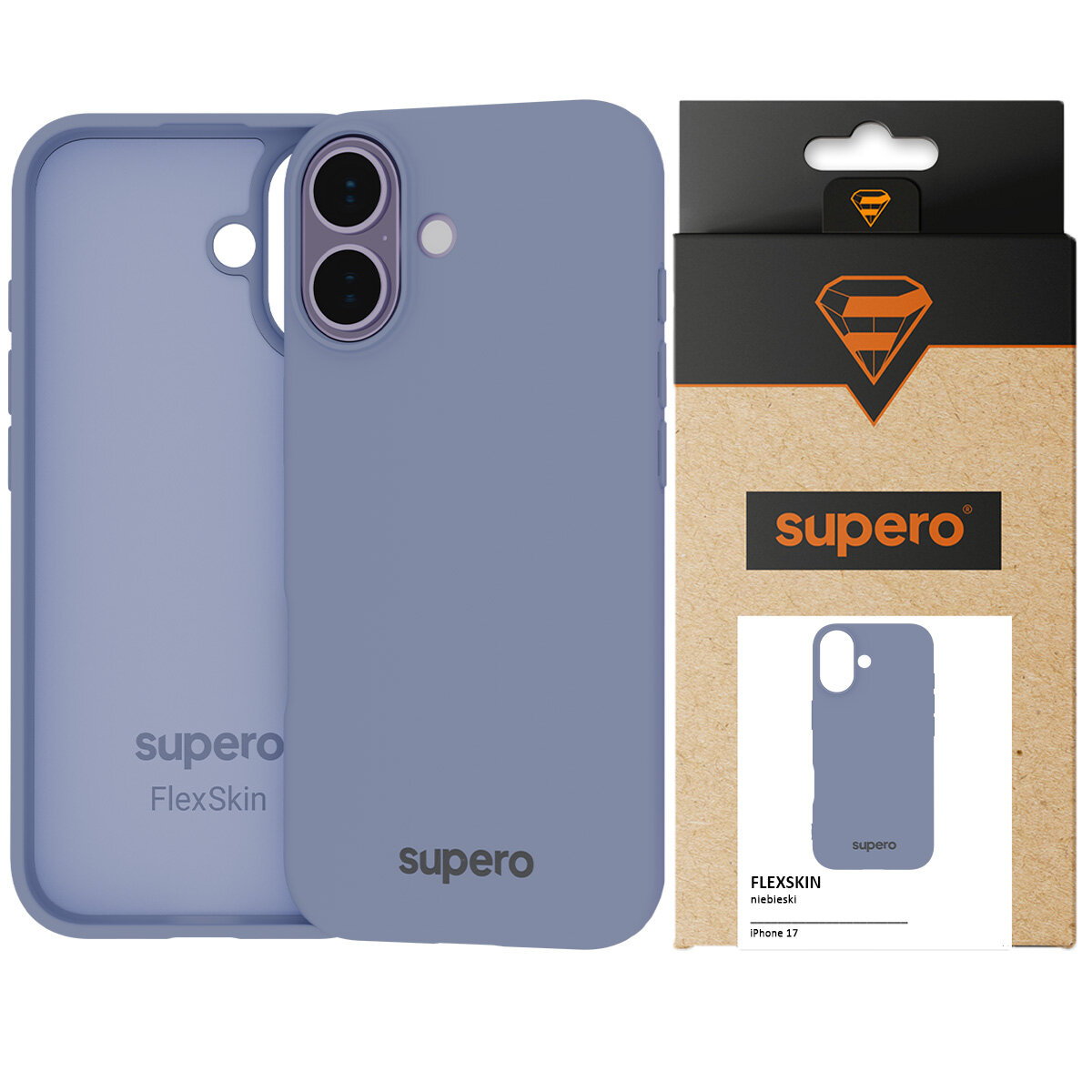 Na obrazie widoczne jest niebieskie, matowe etui silikonowe z napisem \'supero\' oraz opakowanie z logo \'supero\'.