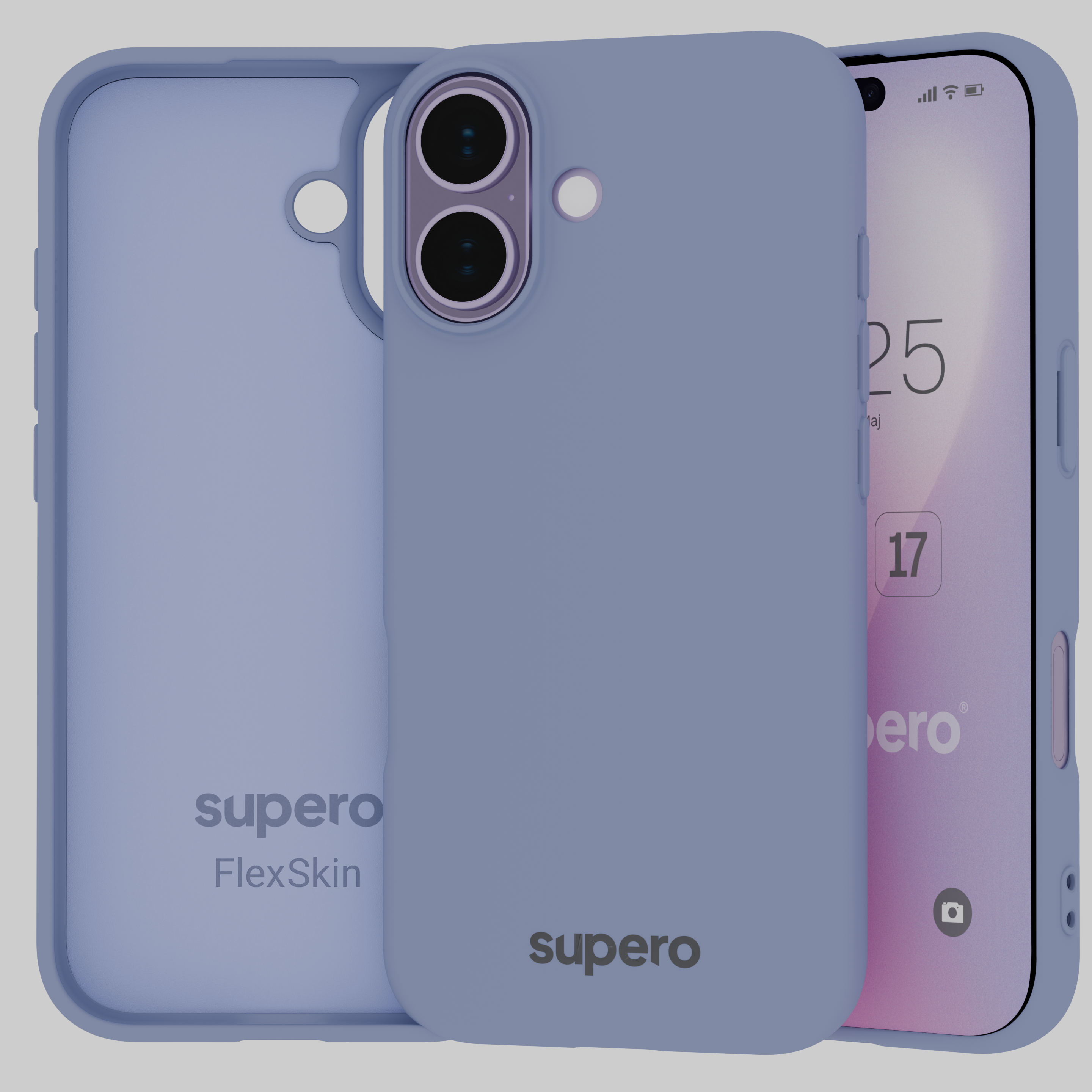 Na obrazie widoczne jest cienkie, matowe etui silikonowe w kolorze fioletowym z napisem \'supero FlexSkin\'. Etui jest przeznaczone do telefonu z podwójnym aparatem i wyświetlaczem pokazującym datę 17 maja.