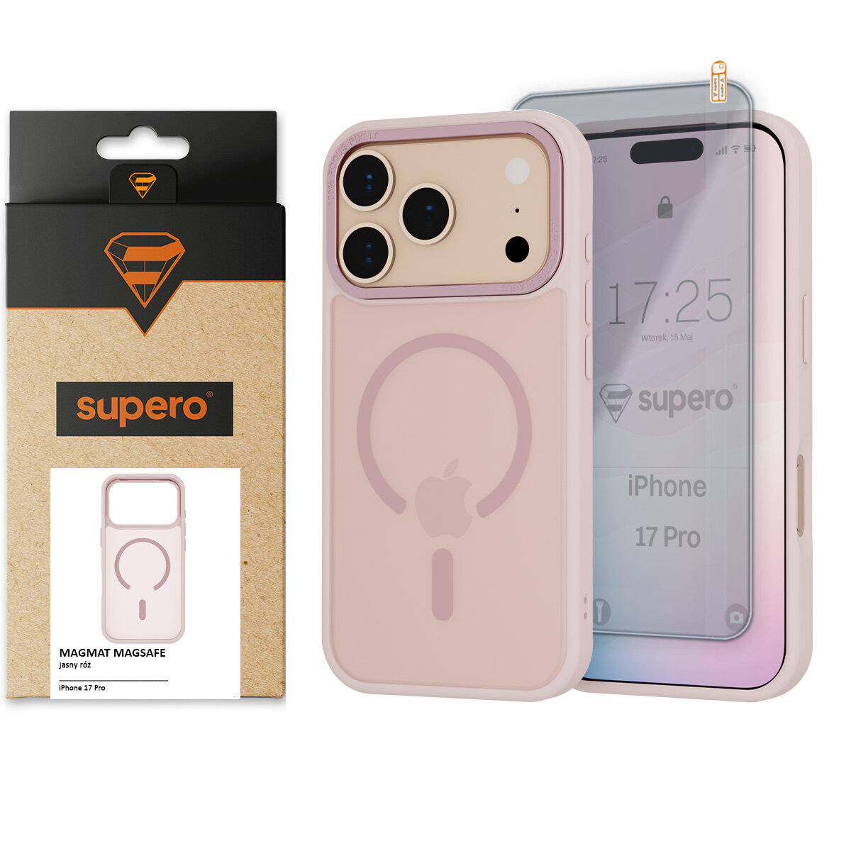Na obrazie widoczne jest różowe etui na telefon z logo jabłka oraz opakowanie z napisem \'supero\'. Obok etui znajduje się szkło ochronne na ekran telefonu z widocznym napisem \'iPhone 17 Pro\'.
