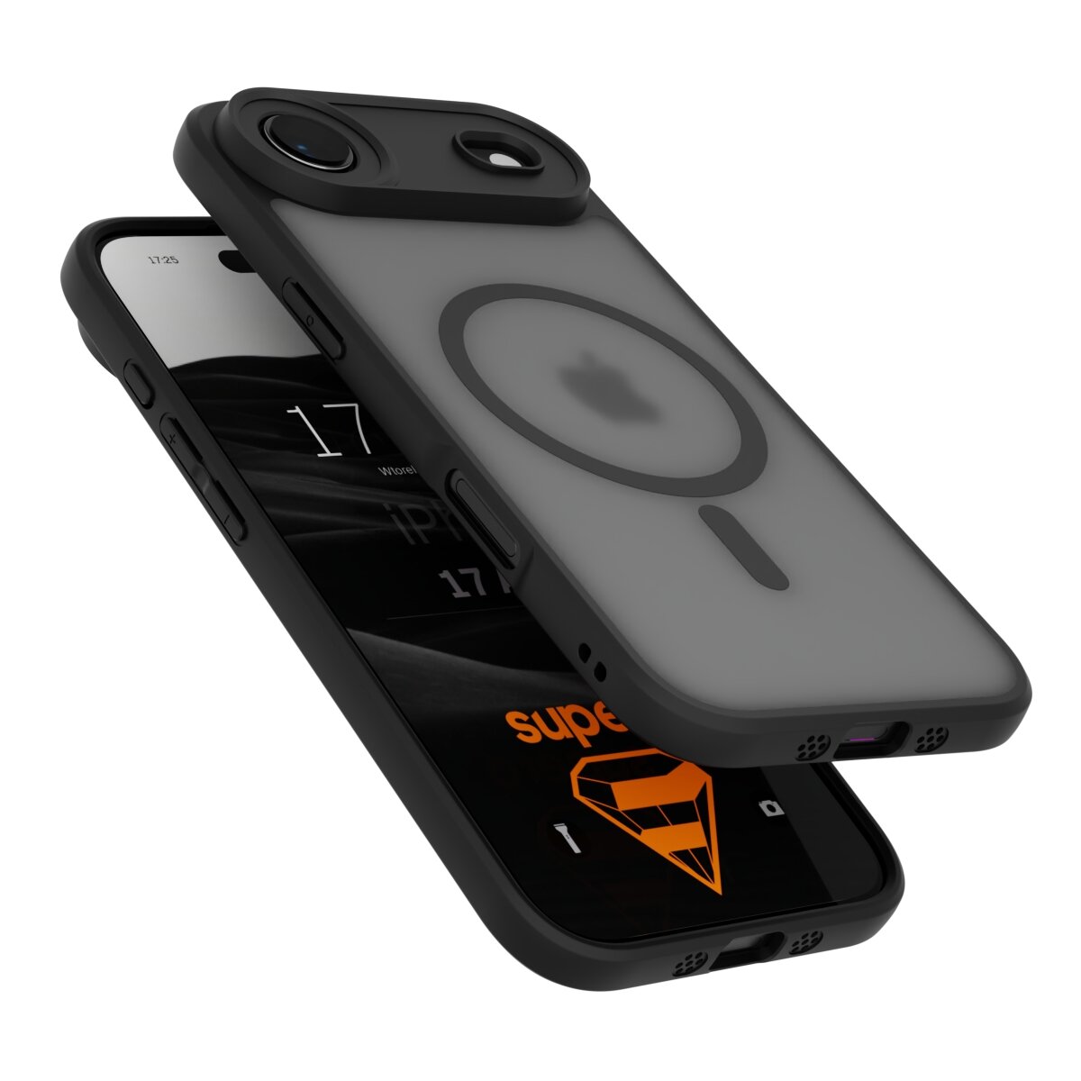 Na obrazie widoczne jest czarne etui na telefon z matowym wykończeniem, z okrągłym wzorem na tylnej części. Obok etui znajduje się telefon z wyświetlaczem pokazującym datę i logo \'supero\'.