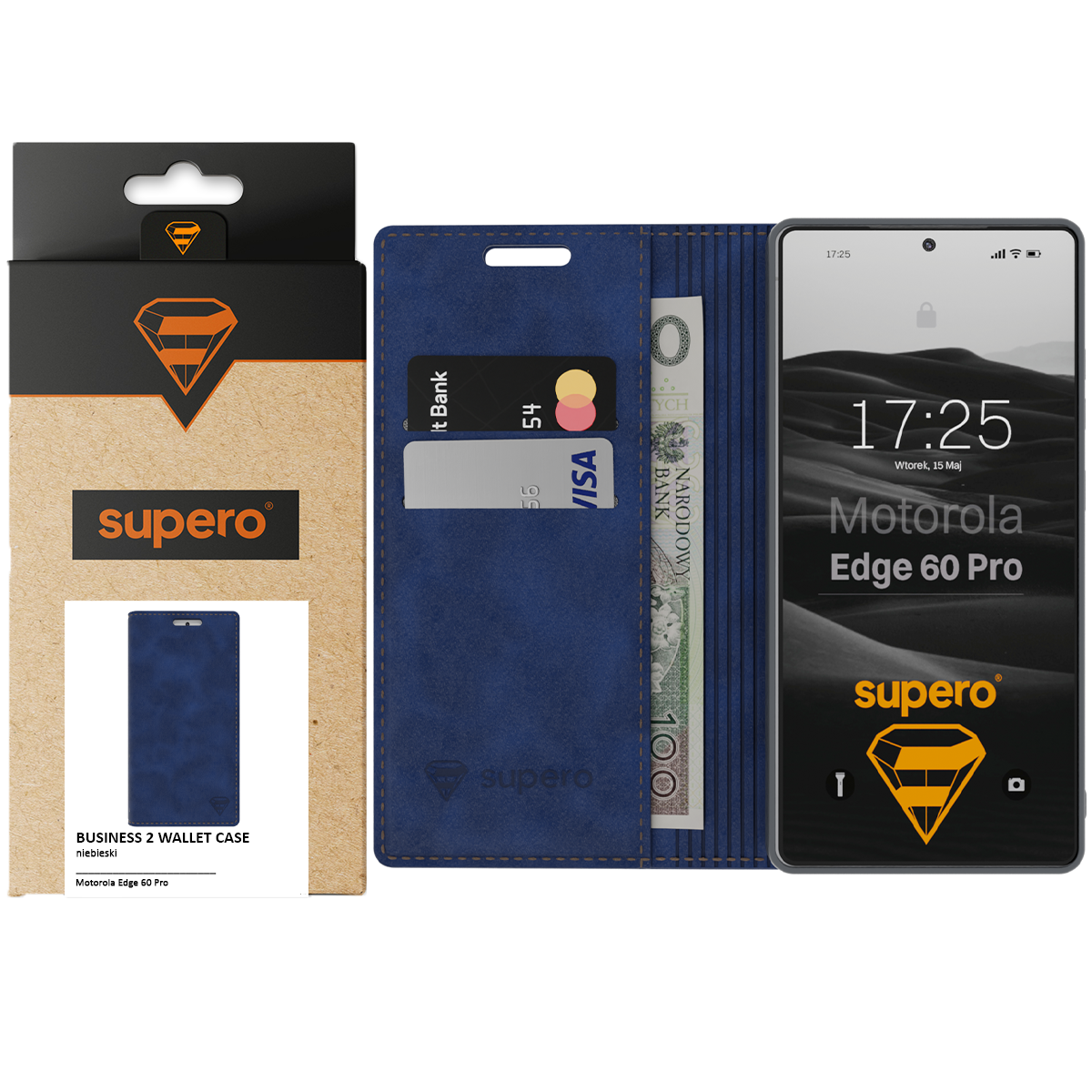 Na obrazie widoczne jest niebieskie etui z klapką do telefonu, z miejscem na karty i banknoty, obok którego znajduje się telefon z wyświetlaczem pokazującym godzinę 17:25 i datę 15 maja. Na opakowaniu etui widnieje logo \'supero\' oraz napis \'BUSINESS 2 WALLET CASE niebieski Motorola Edge 60 Pro\'.
