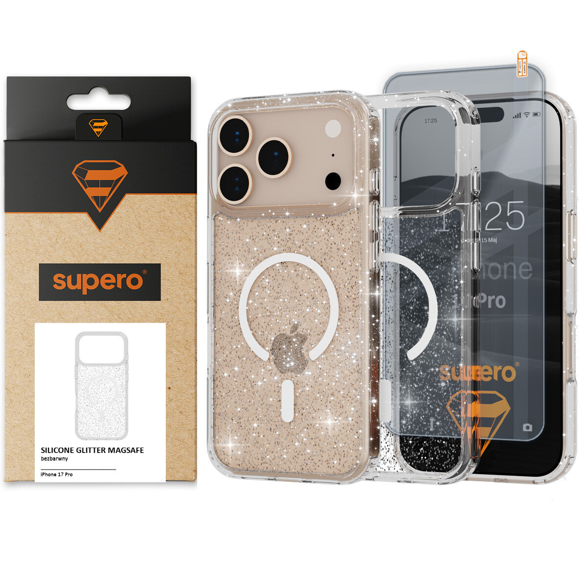 Obraz przedstawia brokatowe etui do iPhone 17 Pro z funkcją MagSafe, widoczne w dwóch kolorach: złotym i srebrnym. Obok znajduje się opakowanie z logo \'supero\' i napisem \'SILICONE GLITTER MAGSAFE bezbarwny iPhone 17 Pro\'.