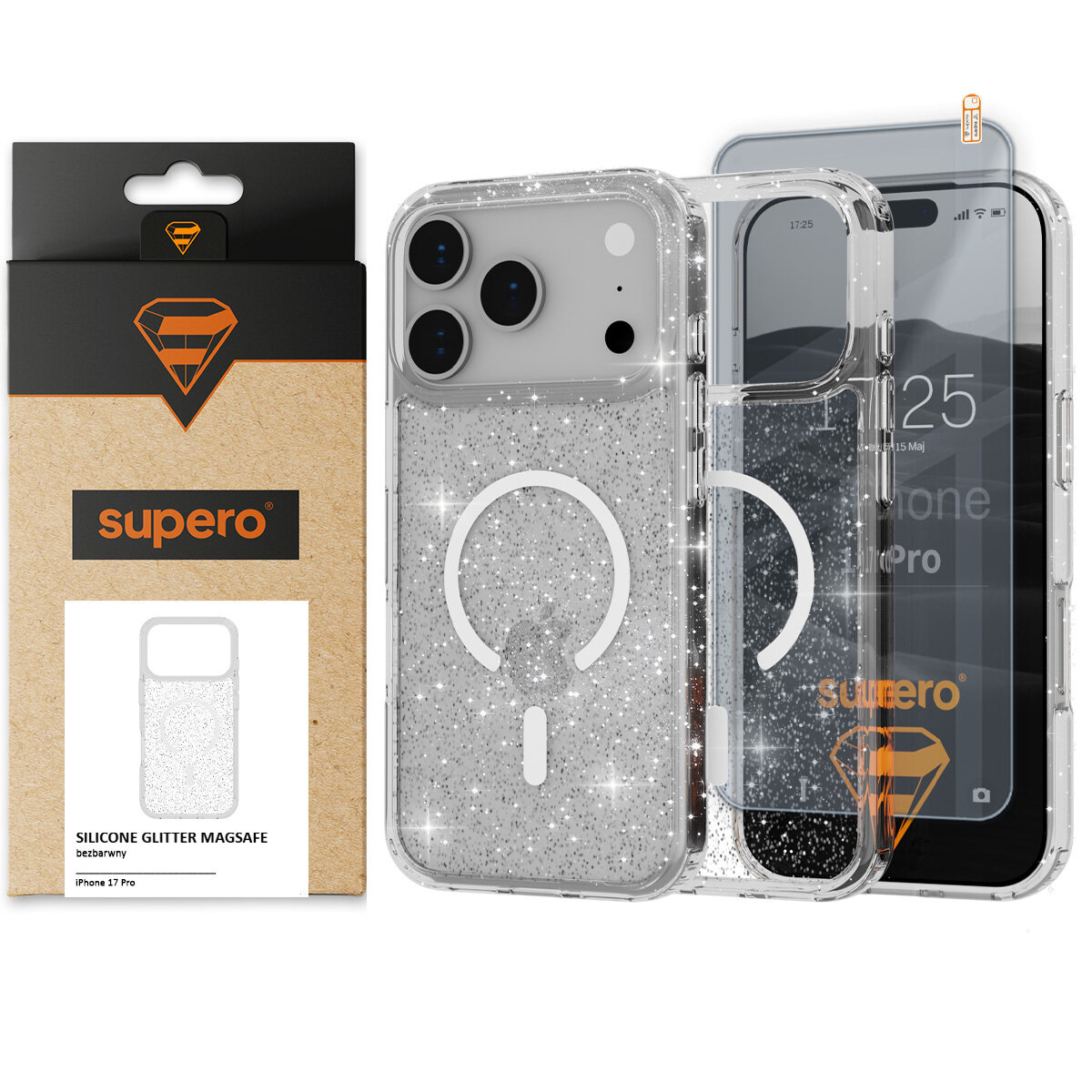 Obraz przedstawia brokatowe etui na telefon z funkcją MagSafe oraz opakowanie z logo \'supero\'. Etui jest przezroczyste z brokatem, a na ekranie telefonu widoczny jest napis \'iPhone 17 Pro\'.