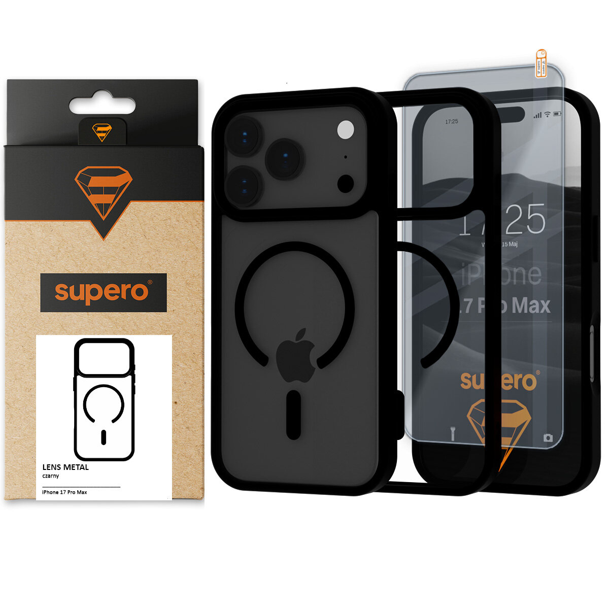 Na obrazie widoczne jest etui do telefonu z metalowymi ramkami oraz opakowanie z logo \'supero\'. Na ekranie telefonu widoczny jest napis \'12:25 iPhone 17 Pro Max\'.