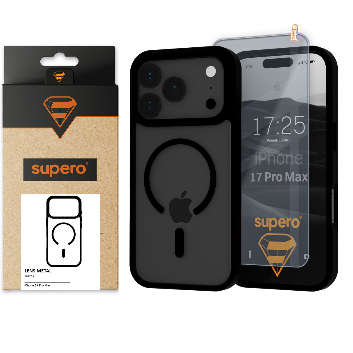 Obraz przedstawia etui Supero do iPhone 17 Pro Max z metalowymi ramkami oraz szkłem ochronnym. Na opakowaniu widoczne jest logo Supero i napis \'LENS METAL czarny iPhone 17 Pro Max\'.