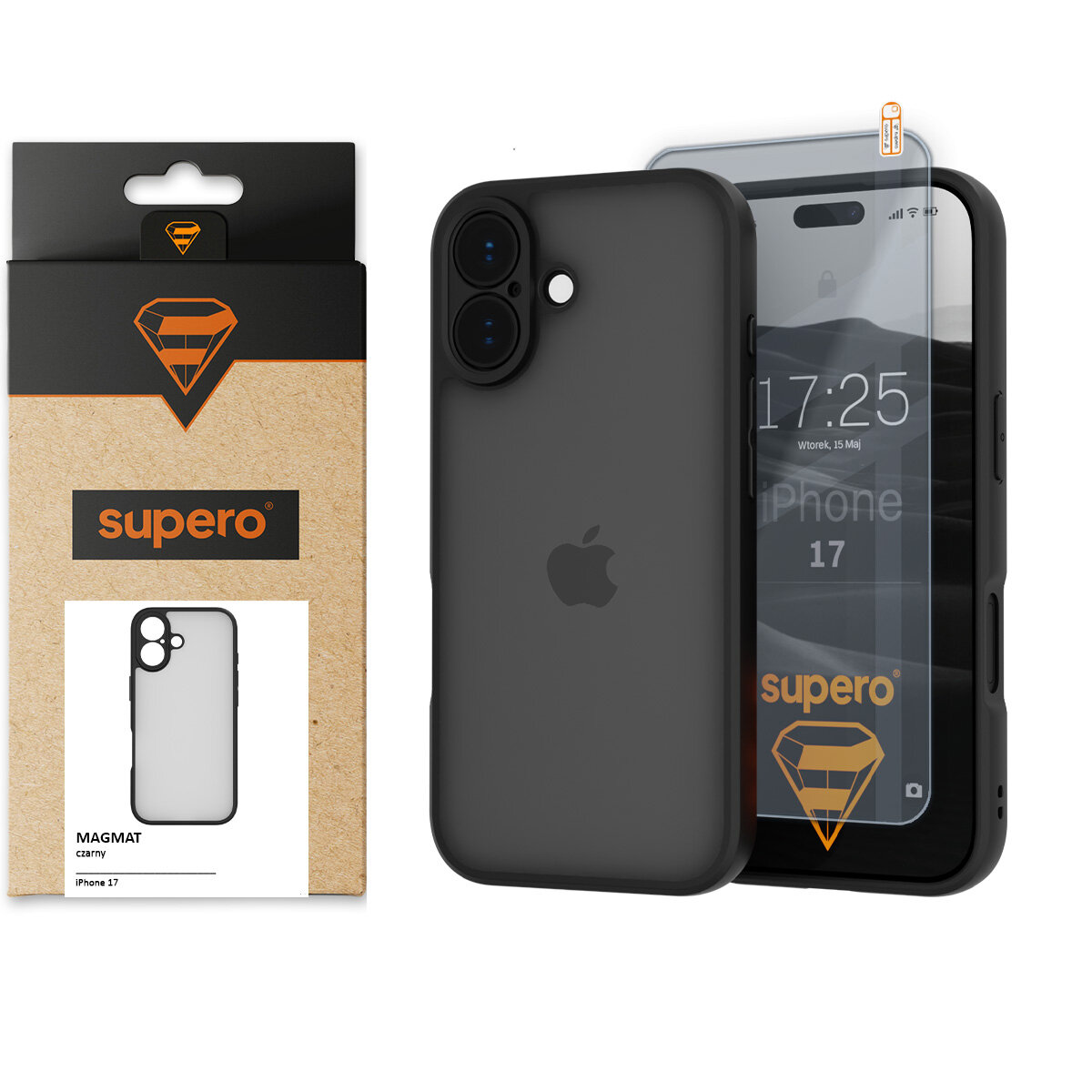 Obraz przedstawia matowe etui Supero do iPhone 17 z dwoma otworami na aparat oraz szkło ochronne na ekran. Opakowanie produktu zawiera logo \'supero\' i grafikę etui.