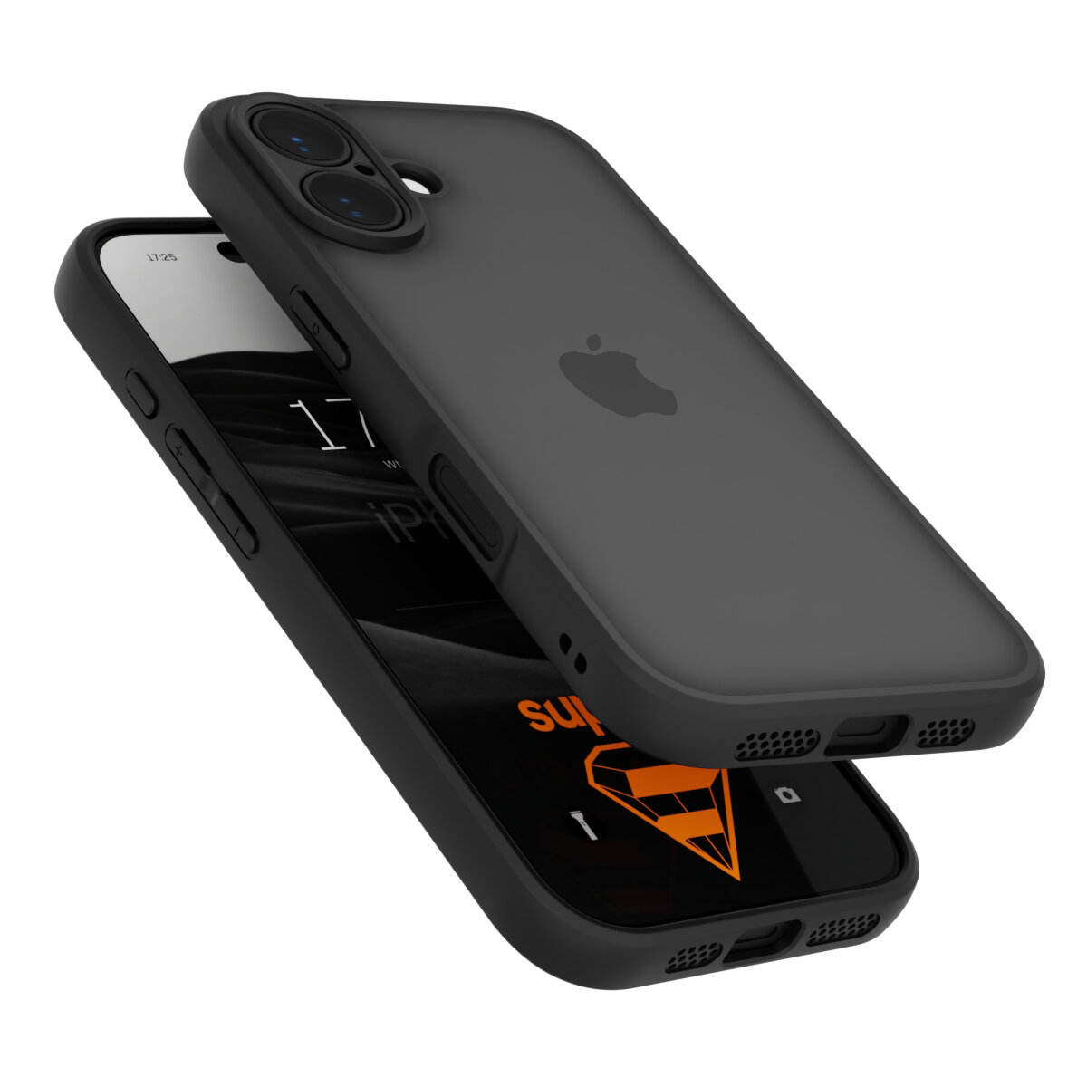 Czarne, matowe etui na telefon z widocznym logo w kształcie jabłka. Telefon w etui pokazuje ekran z napisem \'supero\'.