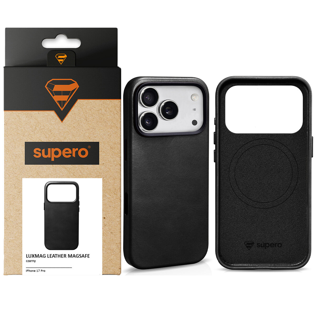 Na obrazie widoczne jest czarne skórzane etui na telefon oraz jego opakowanie z logo \'supero\'. Na opakowaniu znajduje się napis \'LUXMAG LEATHER MAGSAFE czarny iPhone 17 Pro\'.