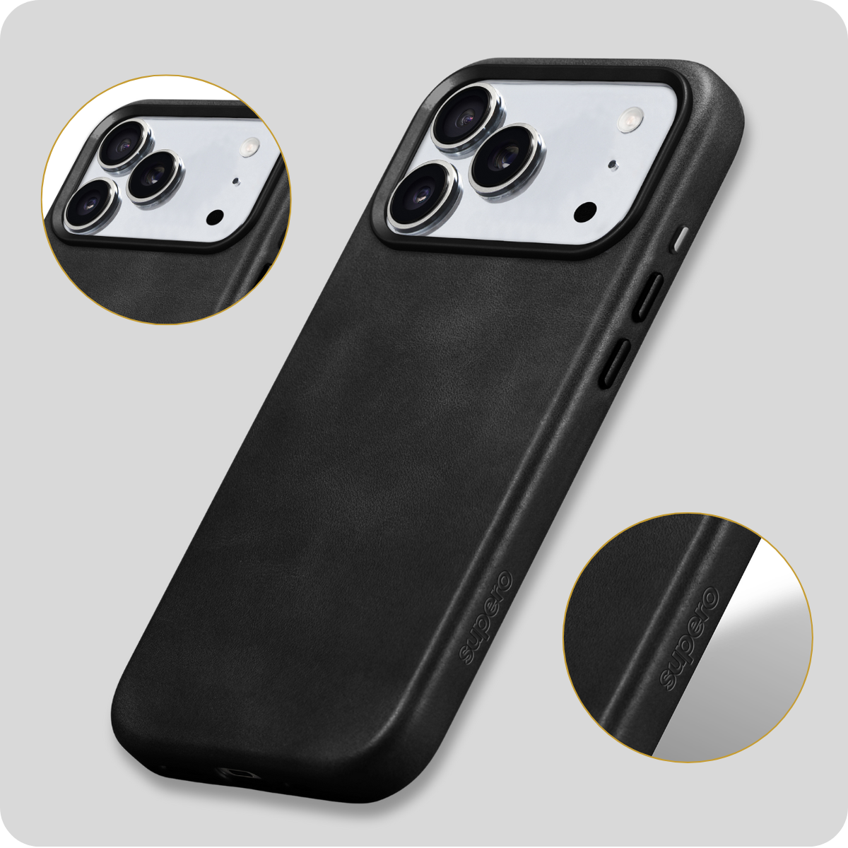 Czarne skórzane etui na telefon z trzema wycięciami na aparaty i logo \'Supero\' na boku. Widoczne są przyciski boczne oraz detale wykończenia etui.