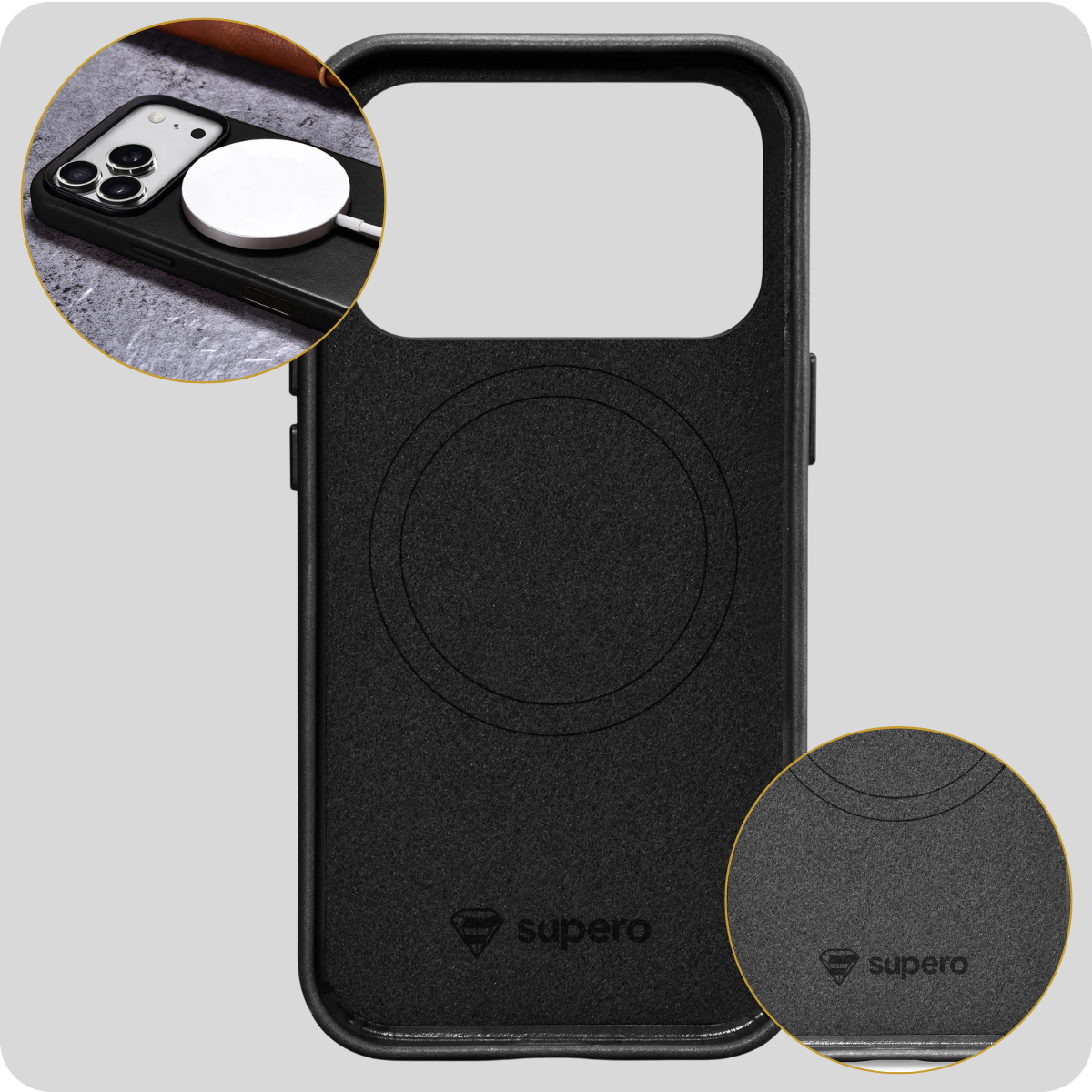 Czarne etui skórzane Supero z okrągłym wzorem na środku, przeznaczone do iPhone 17 Pro, kompatybilne z MagSafe. Widoczne logo \'supero\' na dole etui.