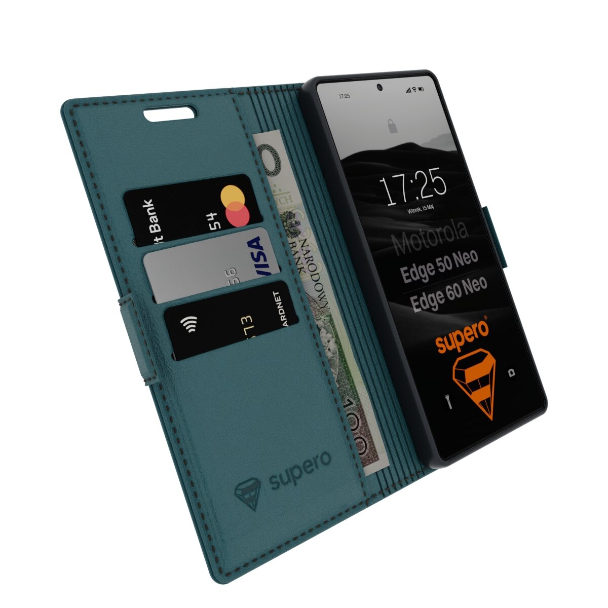 Etui z klapką w kolorze niebieskim, z miejscem na karty i banknoty, obok smartfon z wyświetlaczem pokazującym godzinę 17:25 oraz tekst \'Motorola Edge 50 Neo Edge 60 Neo supero\'.