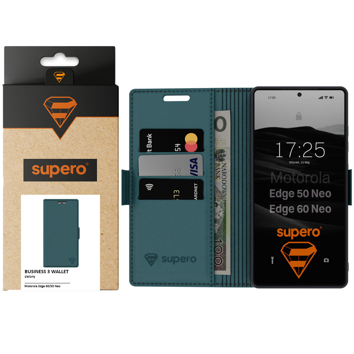 Na obrazie widoczne jest etui z klapką w kolorze zielonym, przeznaczone do telefonu Motorola Edge 50 Neo / Edge 60 Neo, z miejscem na karty i banknoty. Obok znajduje się opakowanie z logo \'supero\'.