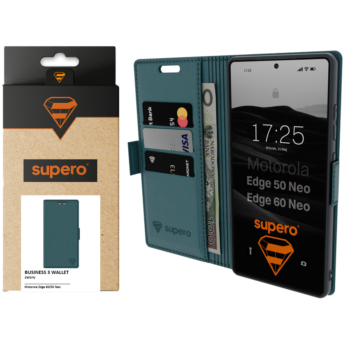 Na obrazie widoczne jest etui z klapką w kolorze zielonym, przeznaczone do telefonów Motorola Edge 50 Neo i Edge 60 Neo, z magnetycznym zamykaniem. Etui posiada kieszenie na karty i banknoty, a na ekranie telefonu widoczny jest napis \'supero\'.