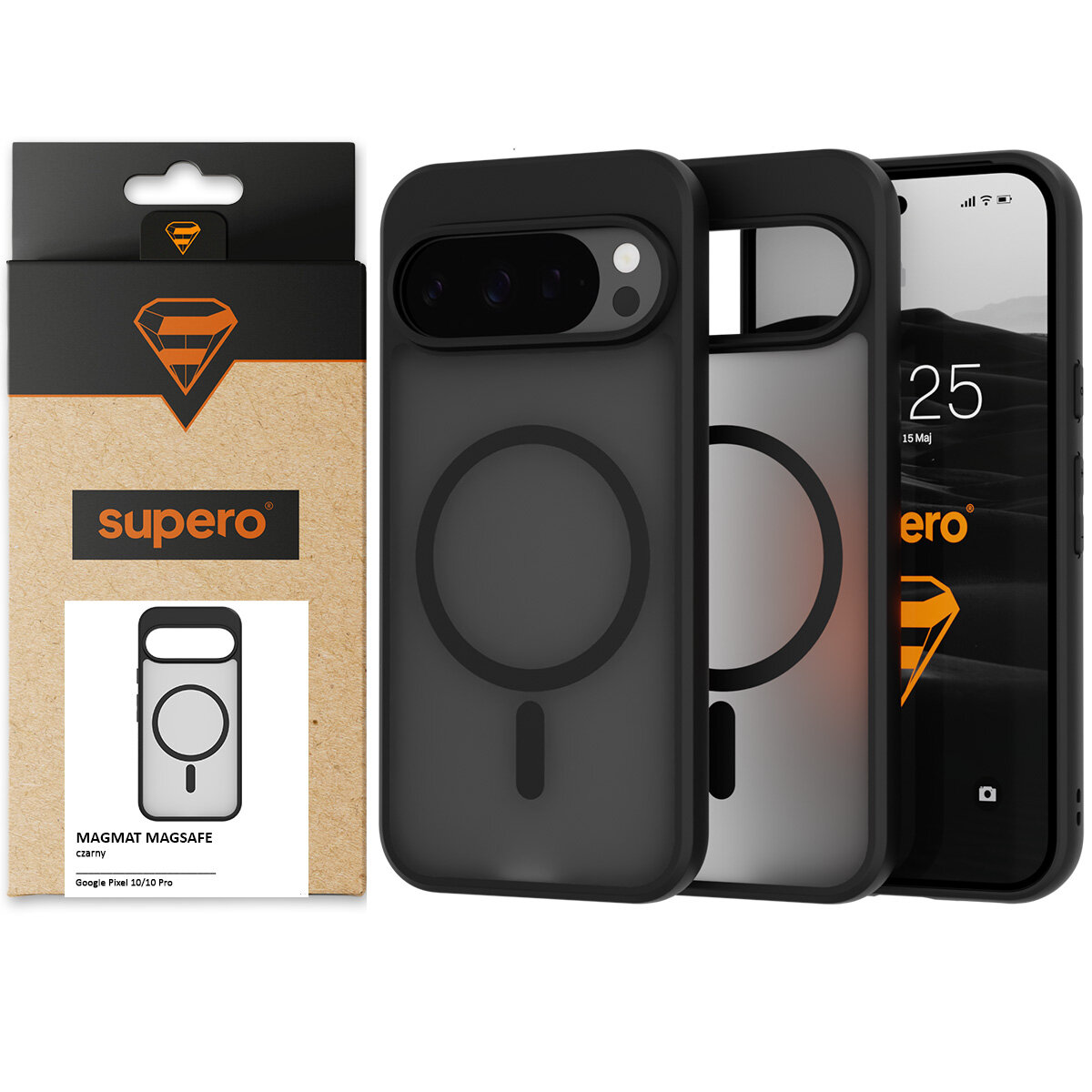 Na obrazie widoczne jest czarne etui Supero do Google Pixel 10/10 Pro z okrągłym wzorem na środku, obok opakowania z logo Supero. Na ekranie telefonu widać godzinę 12:25 i datę 15 Maj.