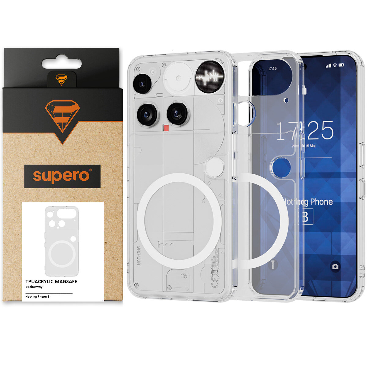 Obraz przedstawia przezroczyste etui do telefonu z widocznym okrągłym wzorem, obok znajduje się opakowanie z logo \'supero\'. Na ekranie telefonu widoczny jest napis \'Nothing Phone 3\'.