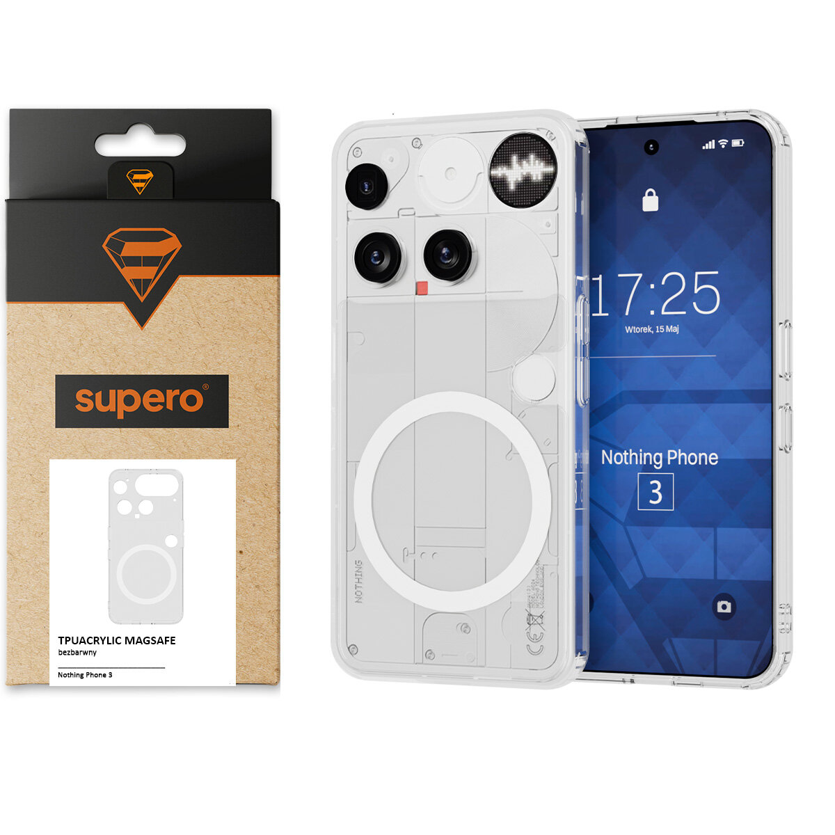 Obraz przedstawia przezroczyste etui do telefonu z widocznym okrągłym wzorem, obok znajduje się opakowanie z logo \'supero\'. Na ekranie telefonu widoczny jest napis \'Nothing Phone 3\' oraz godzina 17:25.