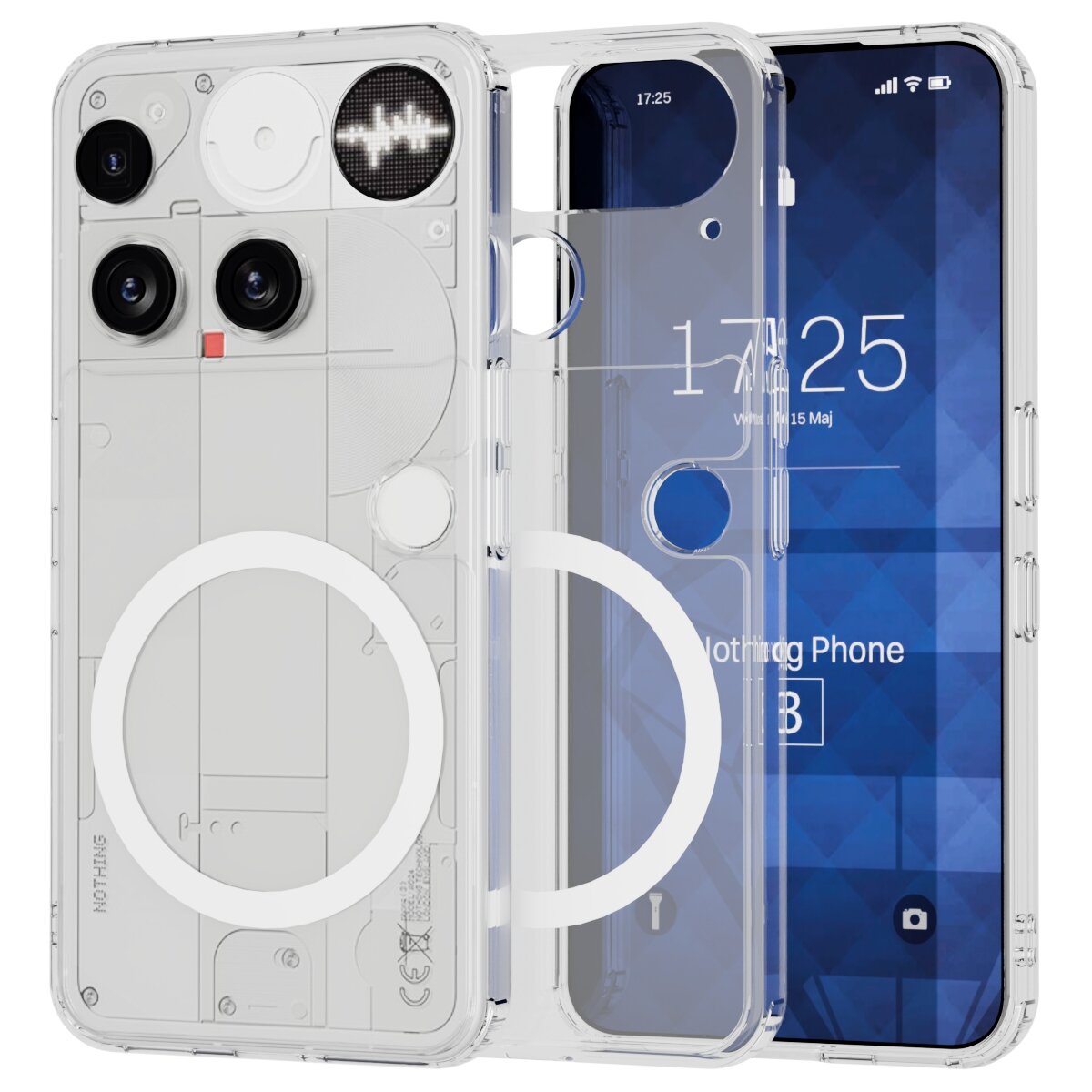 Przezroczyste etui do telefonu z widocznymi elementami konstrukcyjnymi i okrągłym wzorem na tylnej części. Na ekranie telefonu widoczny jest napis \'Nothing Phone 3\' oraz godzina 17:25, środa 15 Maj.