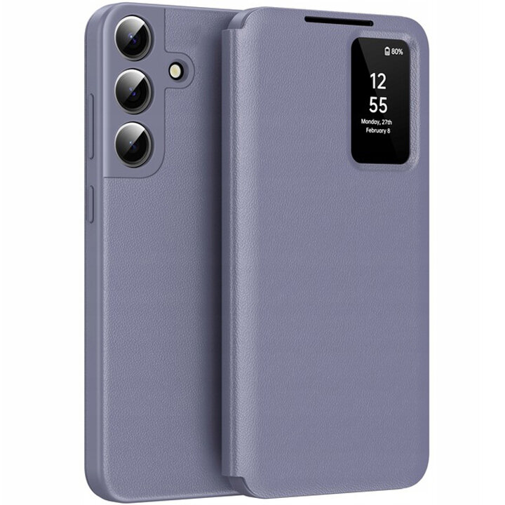 Etui z klapką Smart View w kolorze fioletowym, z wycięciem na ekranie pokazującym godzinę 12:55 i datę Monday, 27th February 8. Obok widoczny jest telefon z trzema obiektywami aparatu i lampą błyskową.