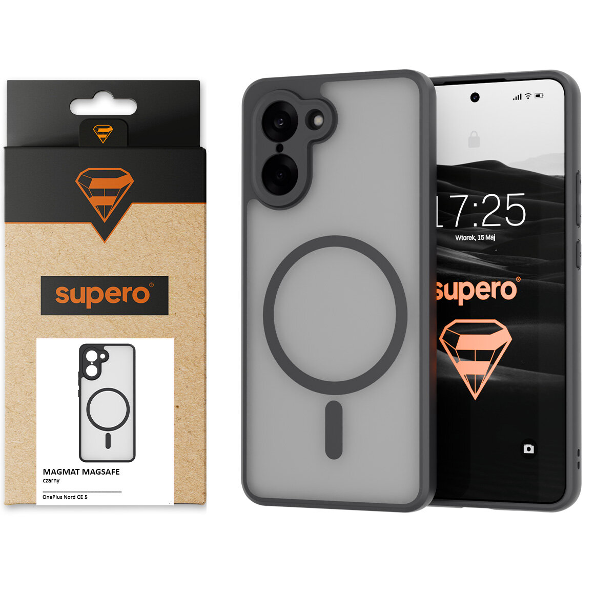 Obraz przedstawia matowe etui Supero do telefonu z widocznym okrągłym wzorem na środku, obok opakowanie z logo \'supero\'.