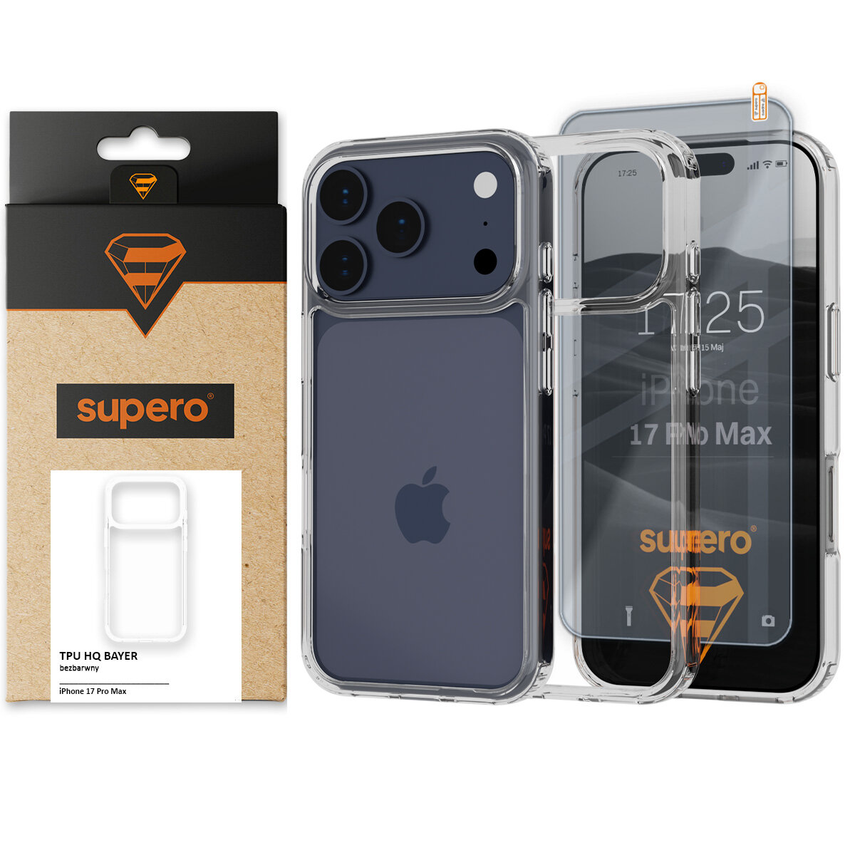 Obraz przedstawia przezroczyste etui na iPhone 17 Pro Max z wzmacnianymi rogami oraz szkło ochronne. Obok znajduje się opakowanie z logo \'supero\' i napisem \'TPU HQ BAYER\'.