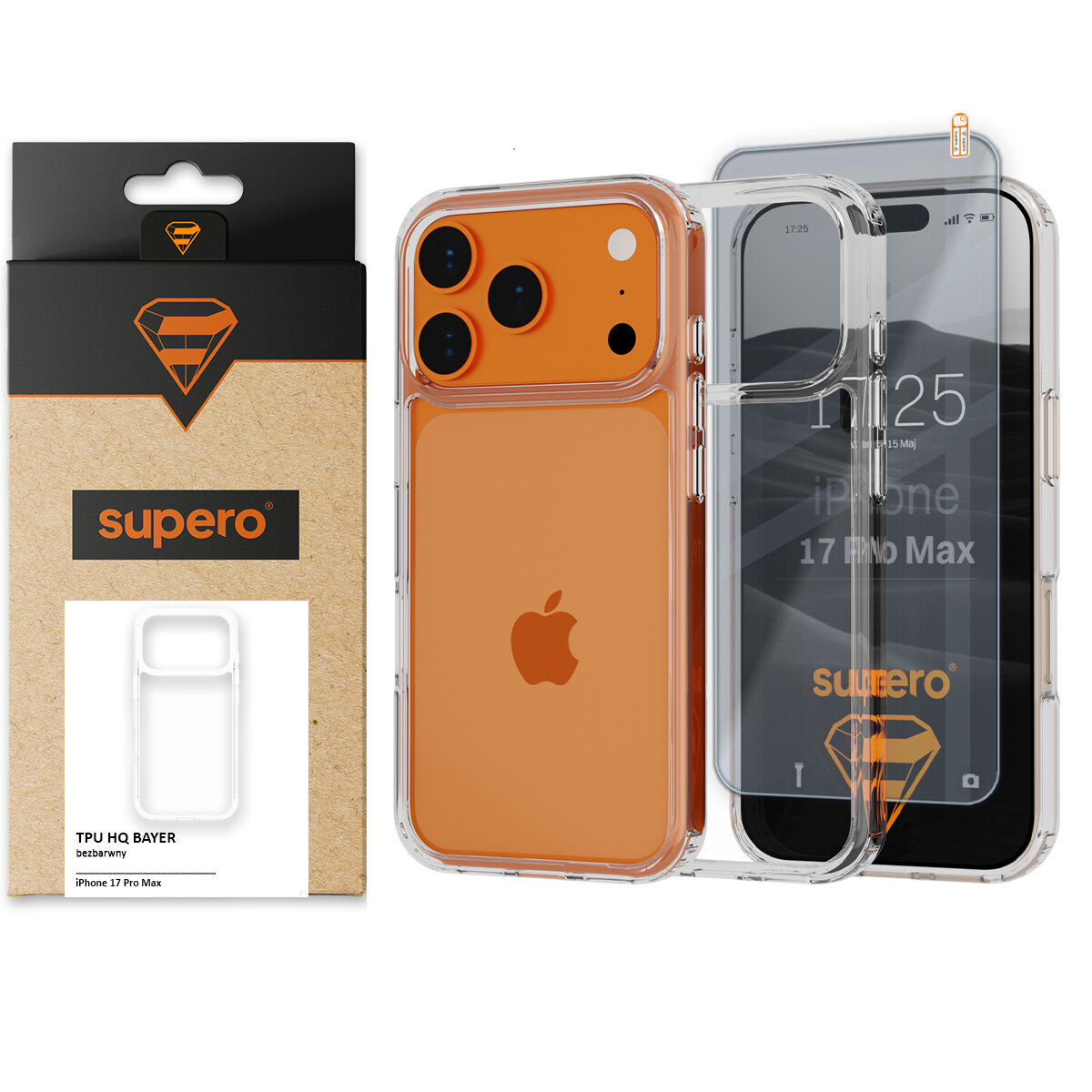 Obraz przedstawia przezroczyste etui na telefon z pomarańczowym tyłem i trzema aparatami, obok znajduje się opakowanie z logo \'supero\'. Na ekranie telefonu widoczny jest napis \'iPhone 17 Pro Max\' oraz godzina 11:25, 15 Maj.