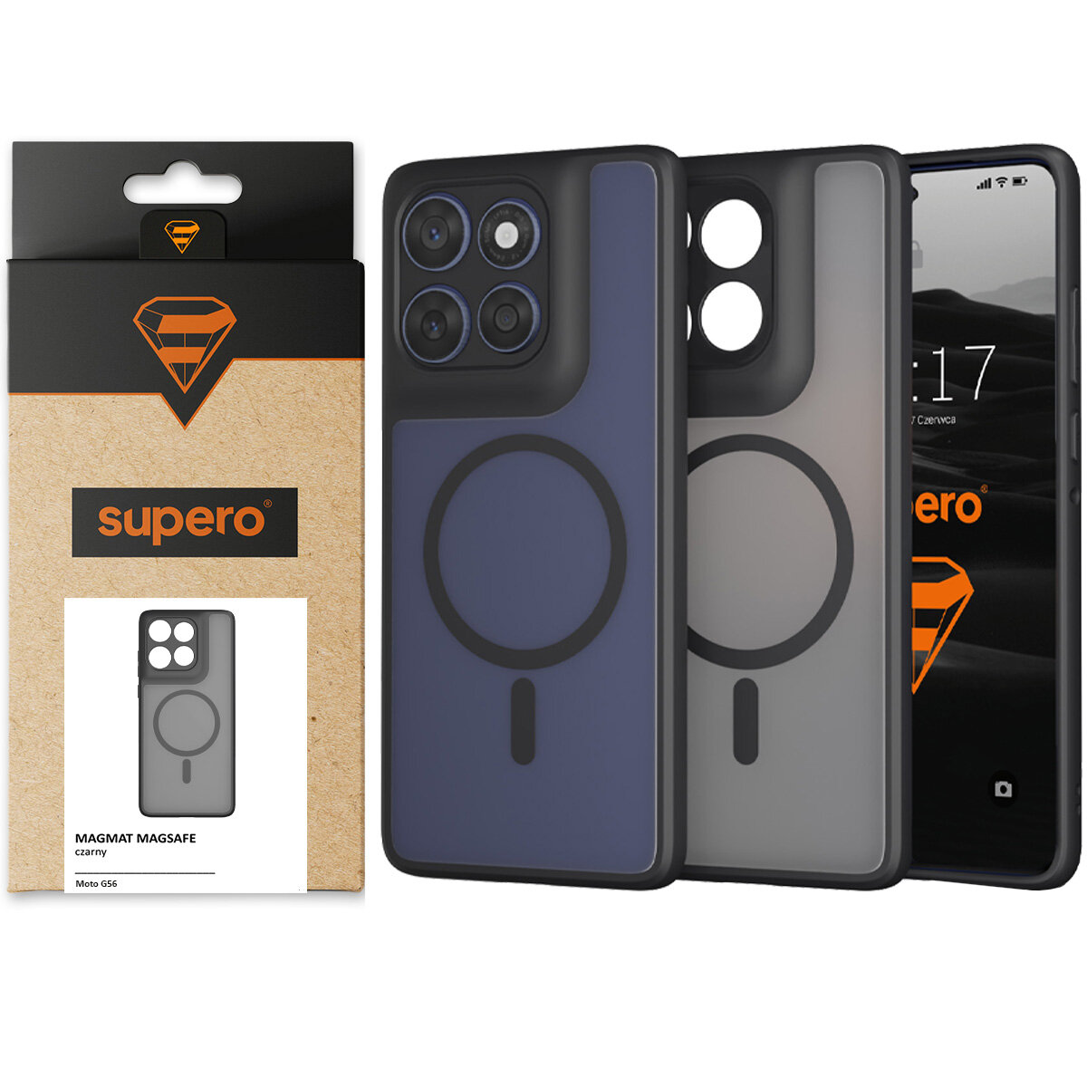 Na obrazie widoczne są dwa etui do telefonu z okrągłym wzorem, jedno w kolorze niebieskim, drugie szarym, oraz opakowanie z logo \'supero\'. Na opakowaniu znajduje się napis \'MAGMAT MAGSAFE czarny Moto G56\'.