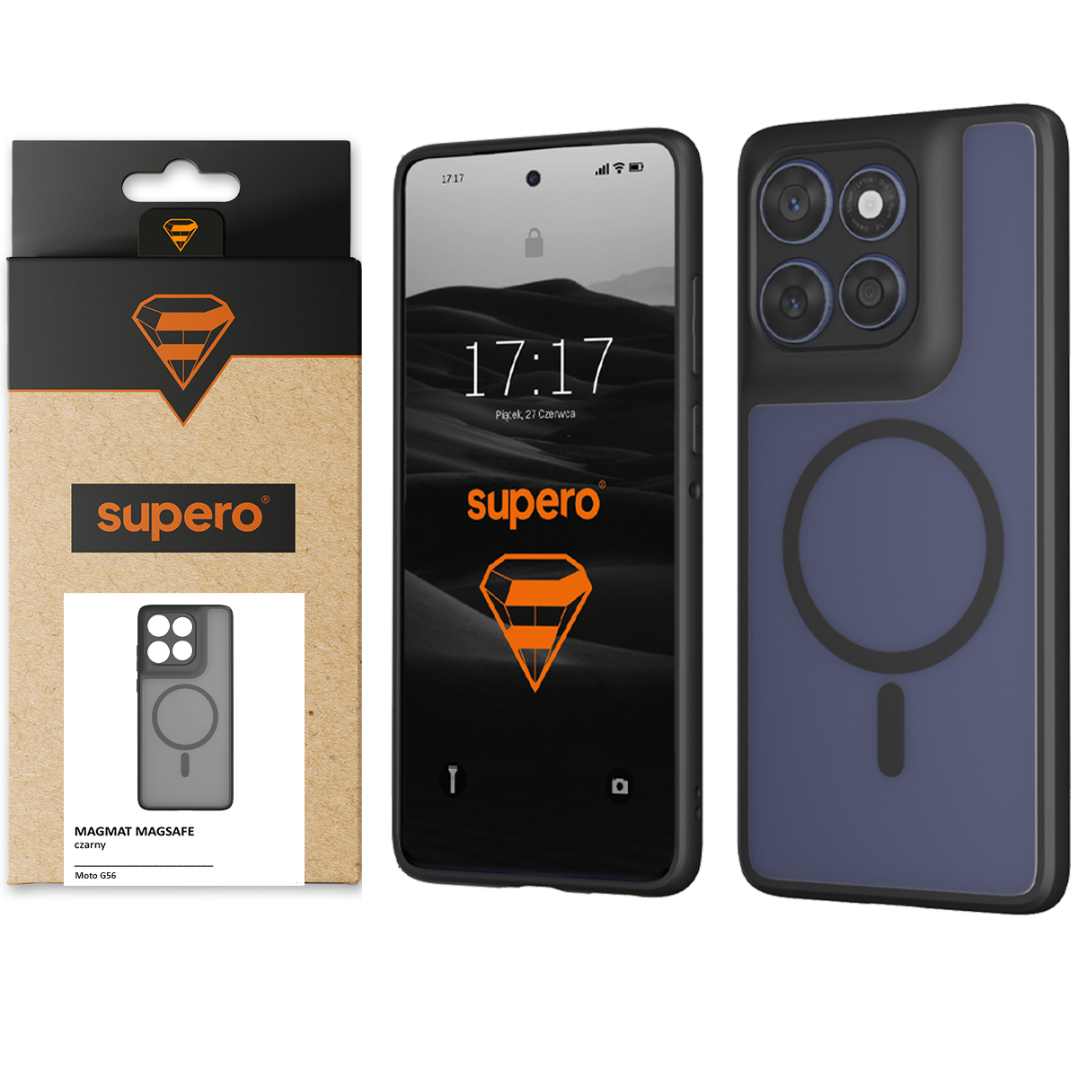 Na obrazie widoczne jest etui do telefonu z dużym wycięciem na aparat oraz okrągłym wzorem na tylnej części. Obok znajduje się opakowanie z logo \'supero\' i napisem \'MAGMAT MAGSAFE czarny Moto G56\'.