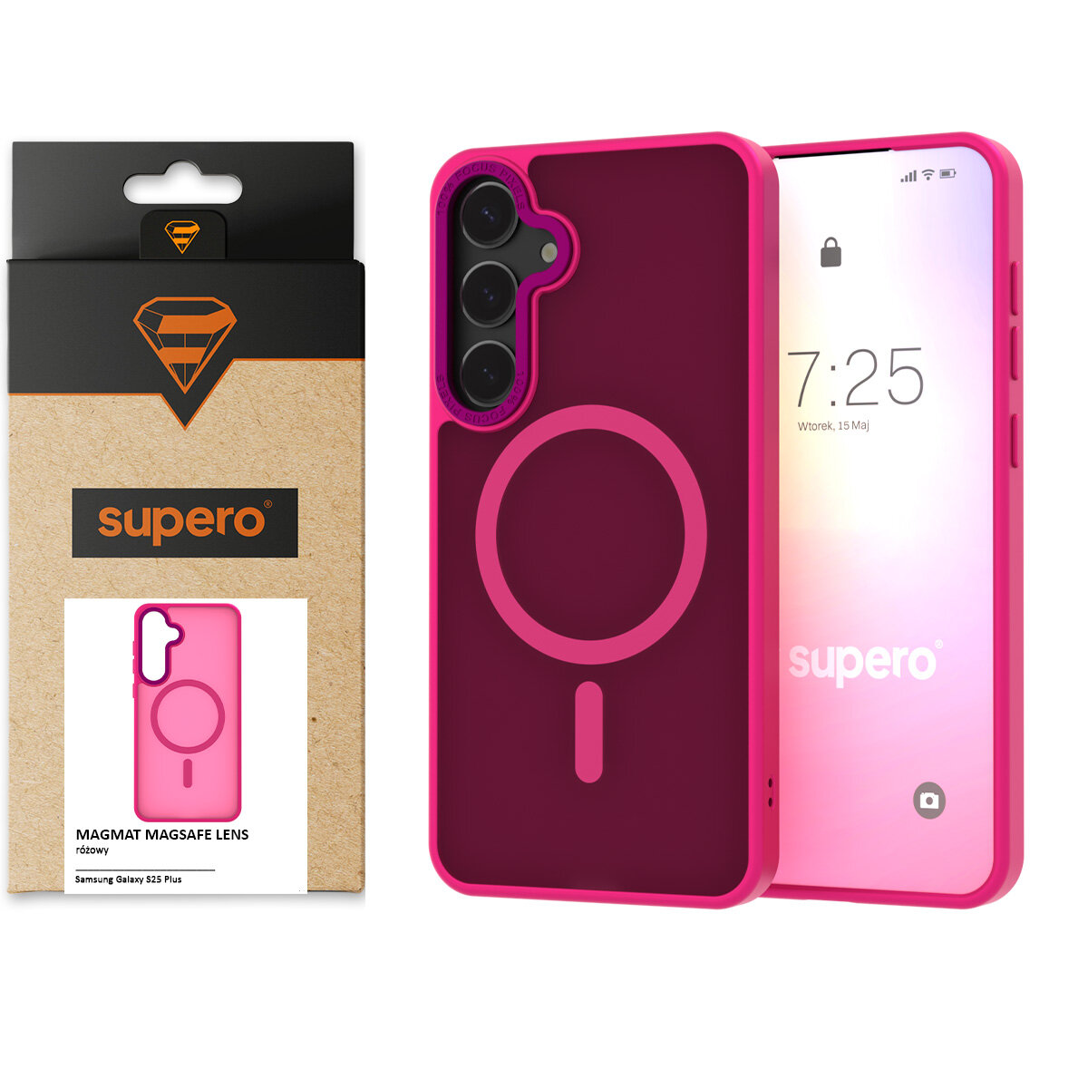 Na obrazie widoczne jest różowe etui na telefon z okrągłym wzorem, obok znajduje się opakowanie z logo \'supero\'. Na ekranie telefonu widoczny jest napis \'supero\' oraz godzina 7:25, wtorek, 15 maj.