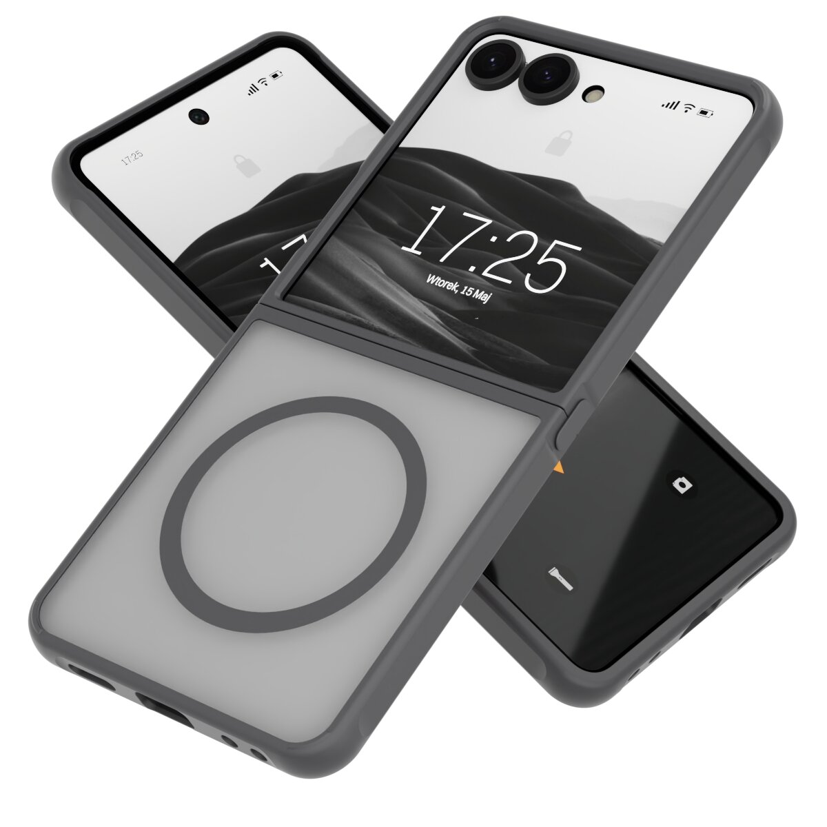 Obraz przedstawia matowe etui na telefon z widocznym okręgiem na tylnej części, przeznaczone do MagSafe. Na ekranie telefonu widoczny jest czas 17:25 oraz data Wtorek, 15 Maj.