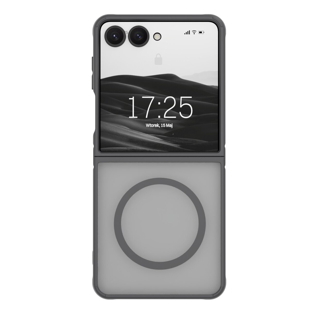 Obraz przedstawia telefon w etui z widocznym ekranem wyświetlającym godzinę 17:25 oraz datę Wtorek, 15 Maj. Etui ma matową powierzchnię i okrągły wzór na dolnej części.