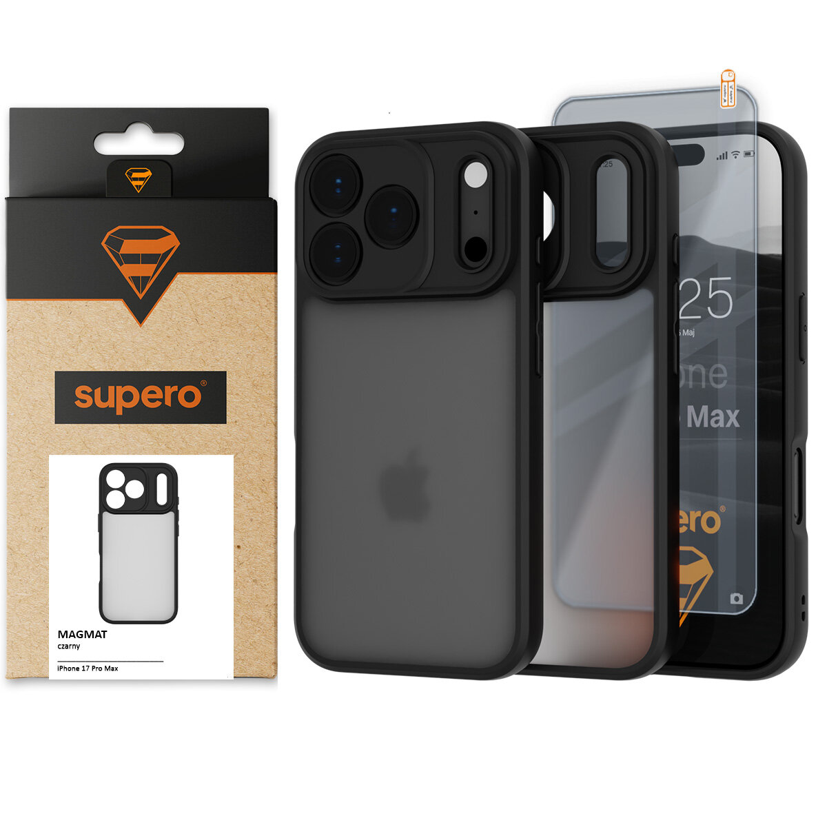 Na obrazie widoczne jest czarne etui na telefon z trzema dużymi otworami na aparaty oraz opakowanie z logo \'supero\'. Na ekranie telefonu widać godzinę 12:25 i napis \'iPhone 17 Pro Max\'.
