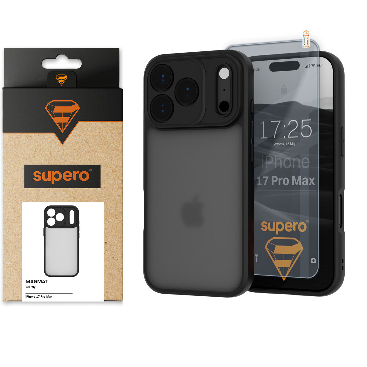 Obraz przedstawia matowe etui na telefon z trzema dużymi otworami na aparaty oraz opakowanie z logo \'supero\'. Na ekranie telefonu widoczny jest napis \'iPhone 17 Pro Max\' oraz godzina \'17:25\'.