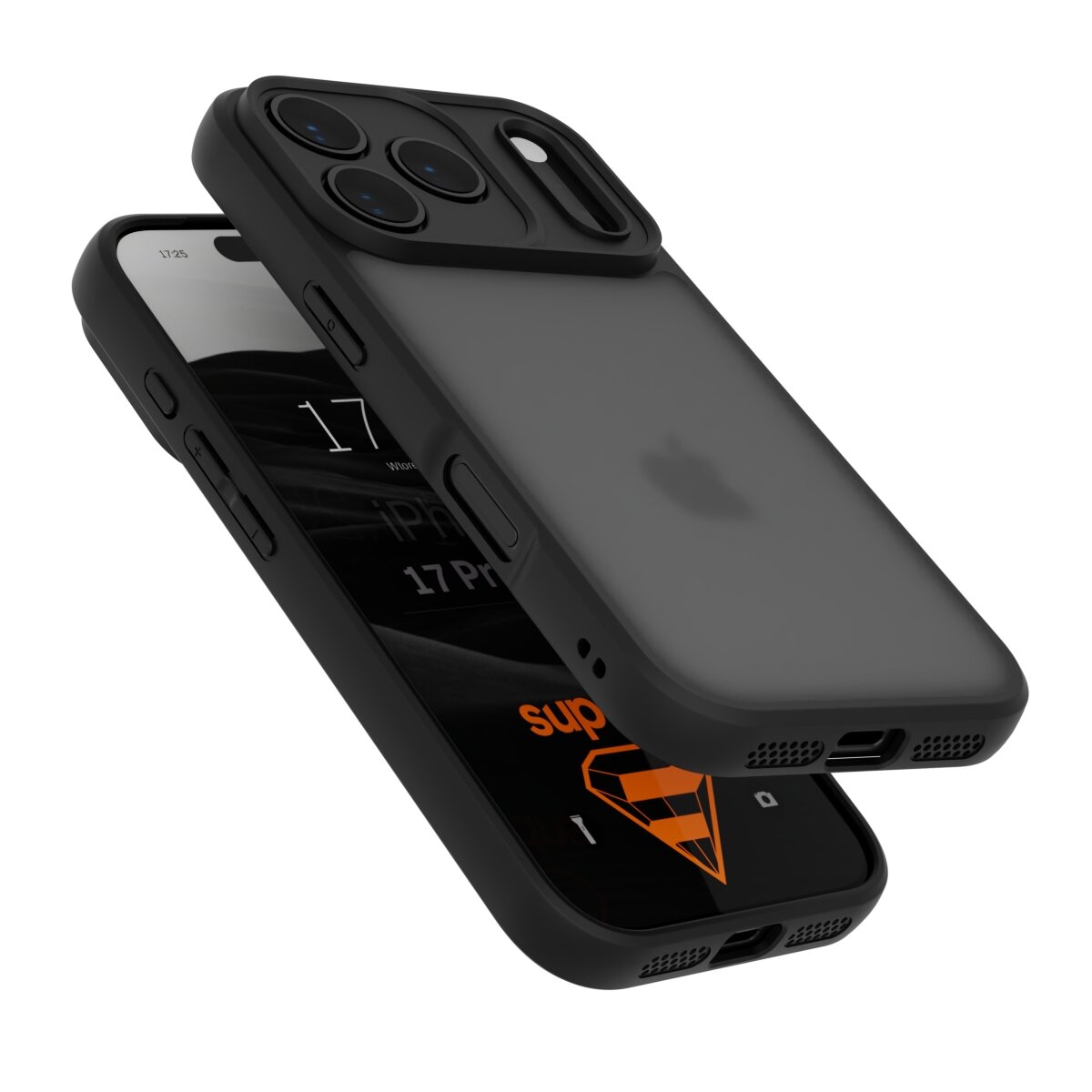 Na zdjęciu widoczne jest czarne etui na telefon z trzema otworami na aparaty oraz logo w kształcie jabłka. Na ekranie telefonu widoczny jest napis \'supero\'.