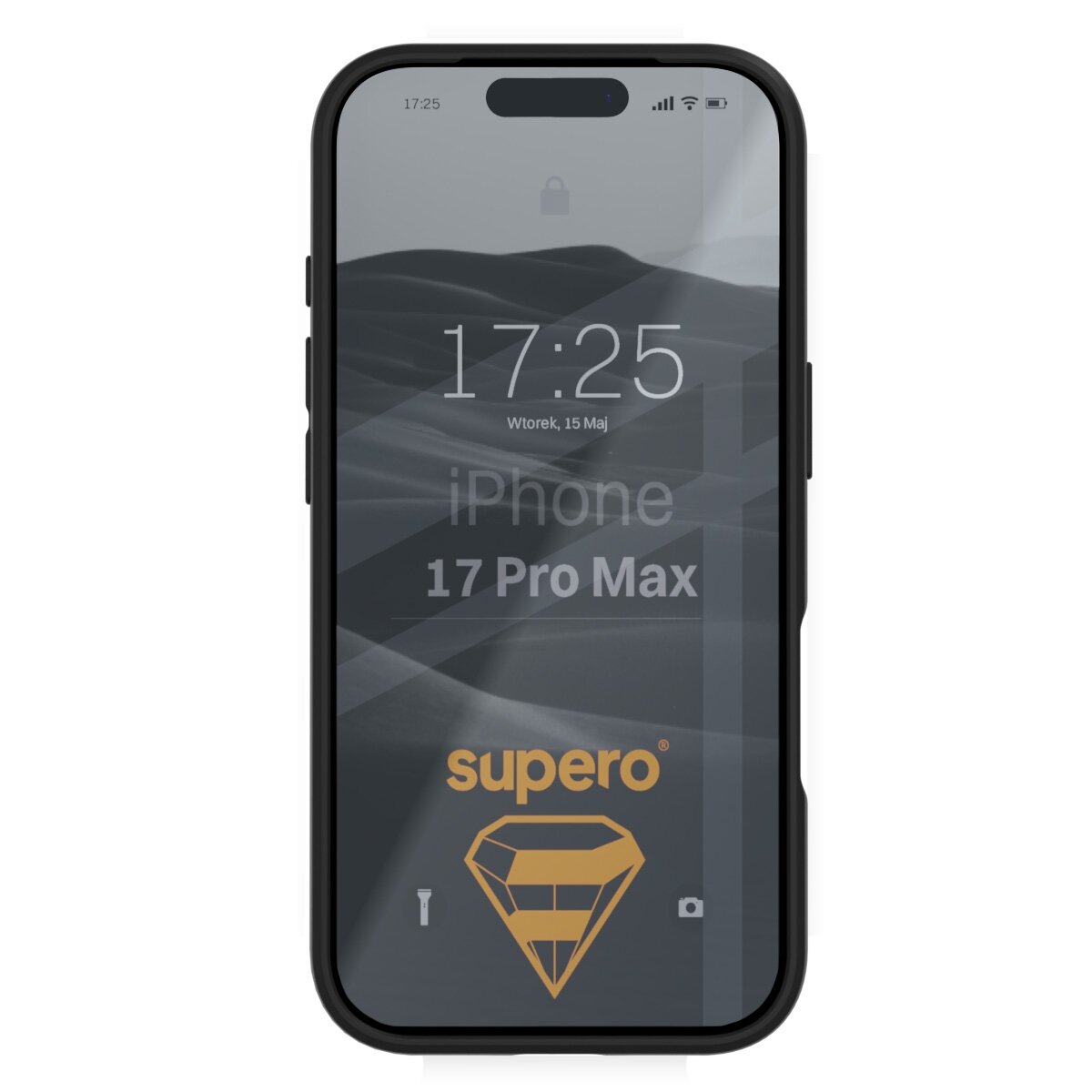 Etui na telefon z widocznym ekranem, na którym znajduje się napis \'17:25 Wtorek, 15 Maj iPhone 17 Pro Max\'. Na dole ekranu widoczne jest logo \'supero\' z symbolem diamentu.