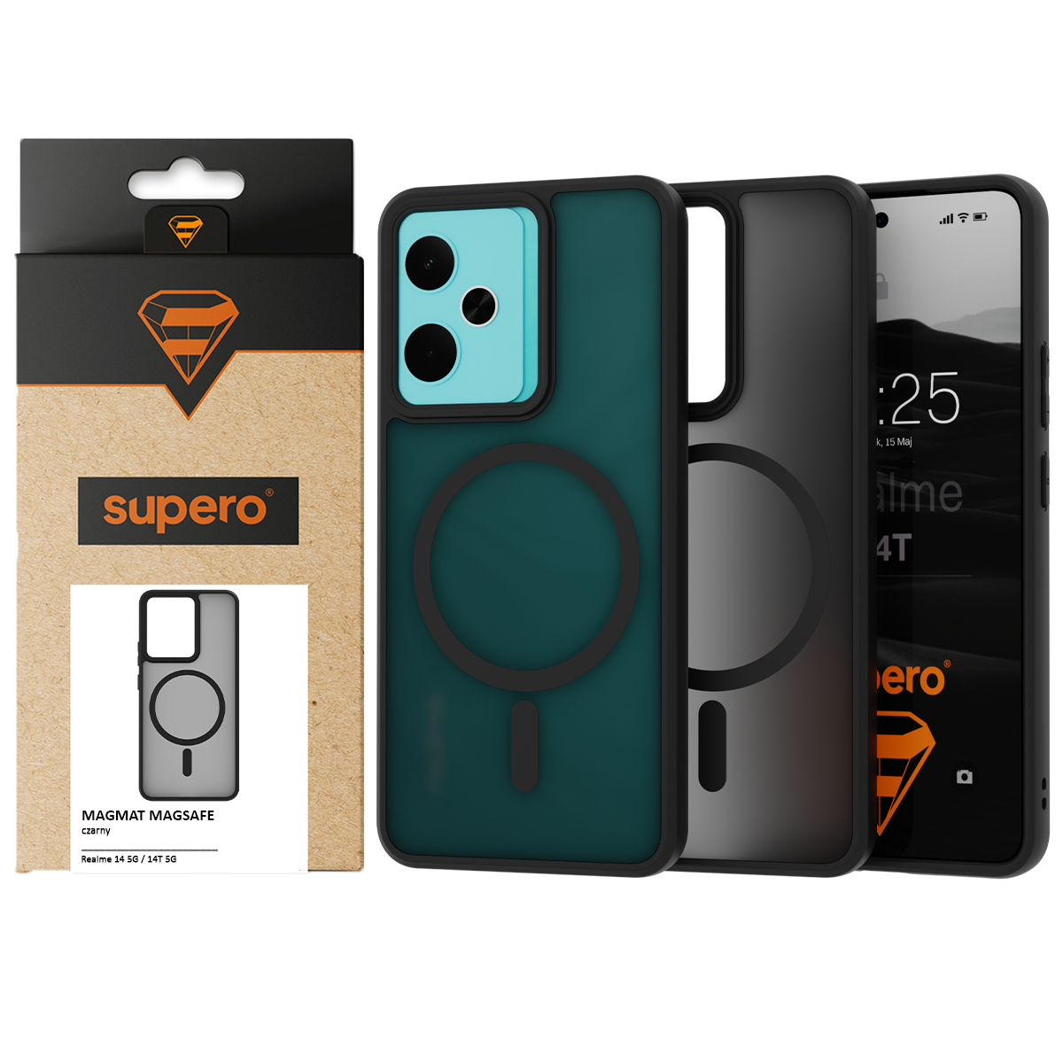Na obrazie widoczne są dwa etui na telefon w kolorze czarnym z okrągłym wzorem, obok opakowania z logo \'supero\'. Na opakowaniu znajduje się napis: \'MAGMAT MAGSAFE czarny Realme 14 5G / 14T 5G\'.