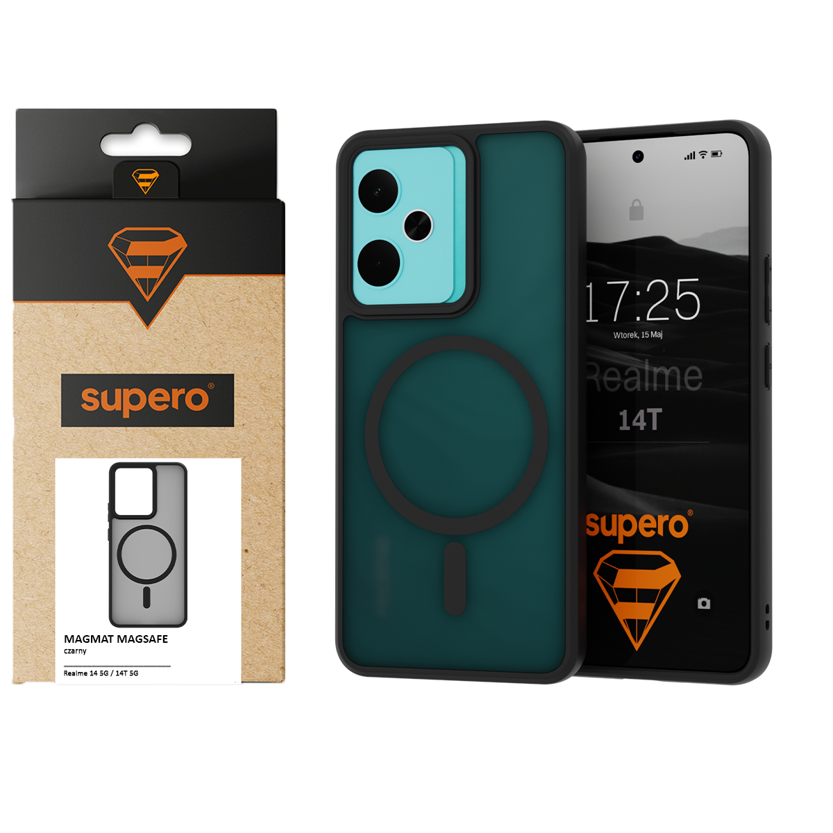 Obraz przedstawia etui na telefon z trzema otworami na aparat oraz opakowanie z logo \'supero\'. Na ekranie telefonu widoczny jest napis \'Realme 14T\' oraz godzina 17:25.