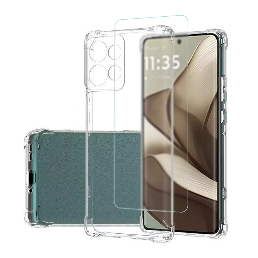 Obraz przedstawia przezroczyste etui na telefon z wzmocnionymi rogami oraz folię ochronną na ekran. Etui jest dopasowane do telefonu z widocznymi przyciskami i wycięciami na aparat oraz porty.