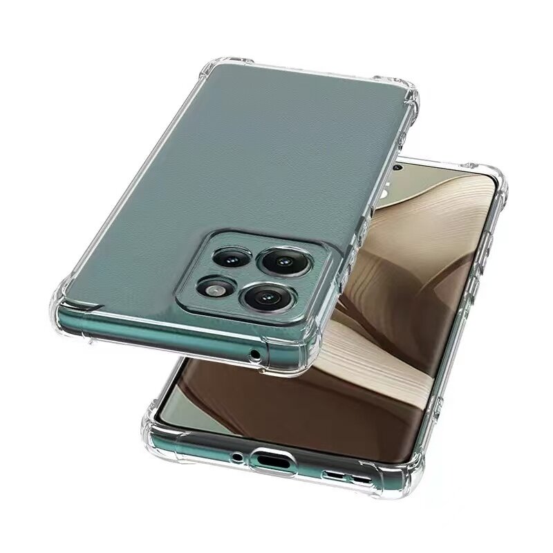 Obraz przedstawia przezroczyste etui na telefon z widocznymi wzmocnionymi rogami i wycięciami na aparat oraz porty. Telefon w etui ma widoczny ekran z abstrakcyjnym wzorem.