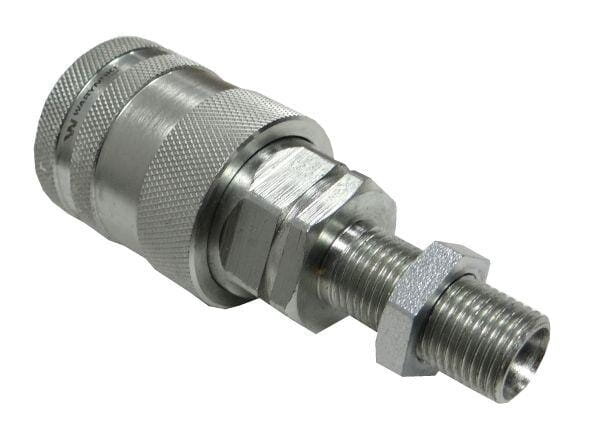 Metalowe szybkozłącze hydrauliczne z gwintem zewnętrznym, o gładkiej i żłobkowanej powierzchni. Na produkcie widoczne jest logo \'Waryński\'.