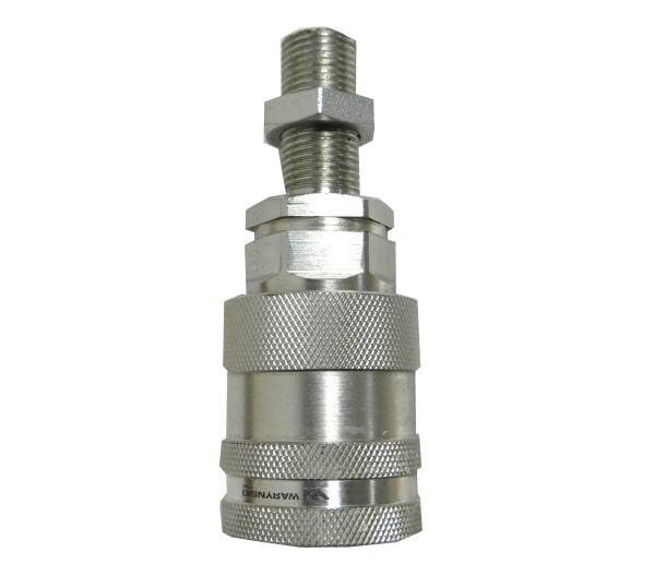 Metalowe szybkozłącze hydrauliczne z gwintem zewnętrznym, posiadające teksturę antypoślizgową. Na powierzchni widoczne jest logo \'WARYŃSKI\'.