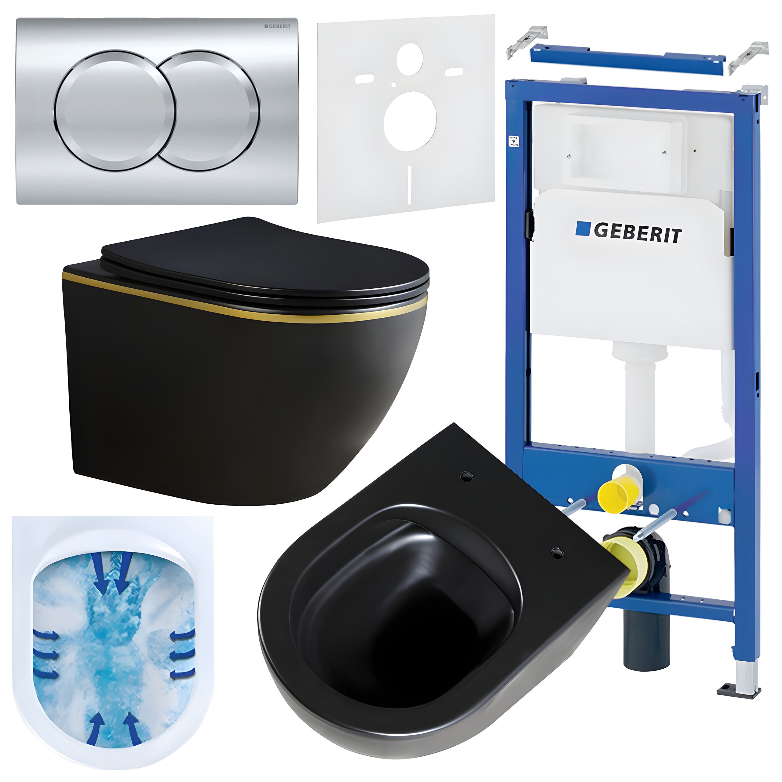 Na obrazie znajduje się zestaw podtynkowy z czarną miską WC, przyciskiem spłukującym, stelażem oraz elementami montażowymi. Widoczne jest logo \'GEBERIT\' na stelażu.