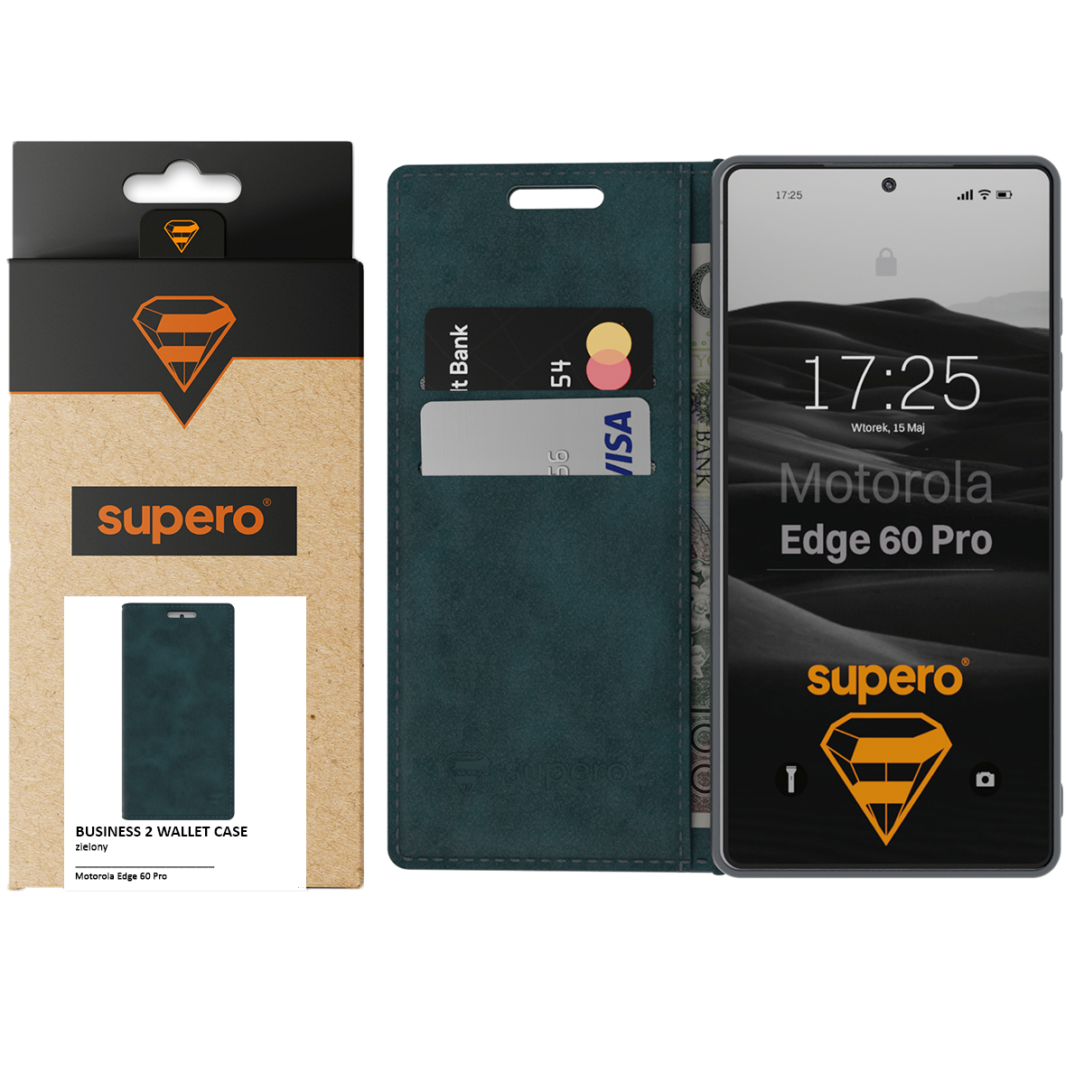 Na obrazie widoczne jest etui z klapką do telefonu Motorola Moto Edge 60 Pro, w kolorze zielonym, z miejscem na karty płatnicze. Obok znajduje się opakowanie z logo \'supero\' i napisem \'BUSINESS 2 WALLET CASE\'.
