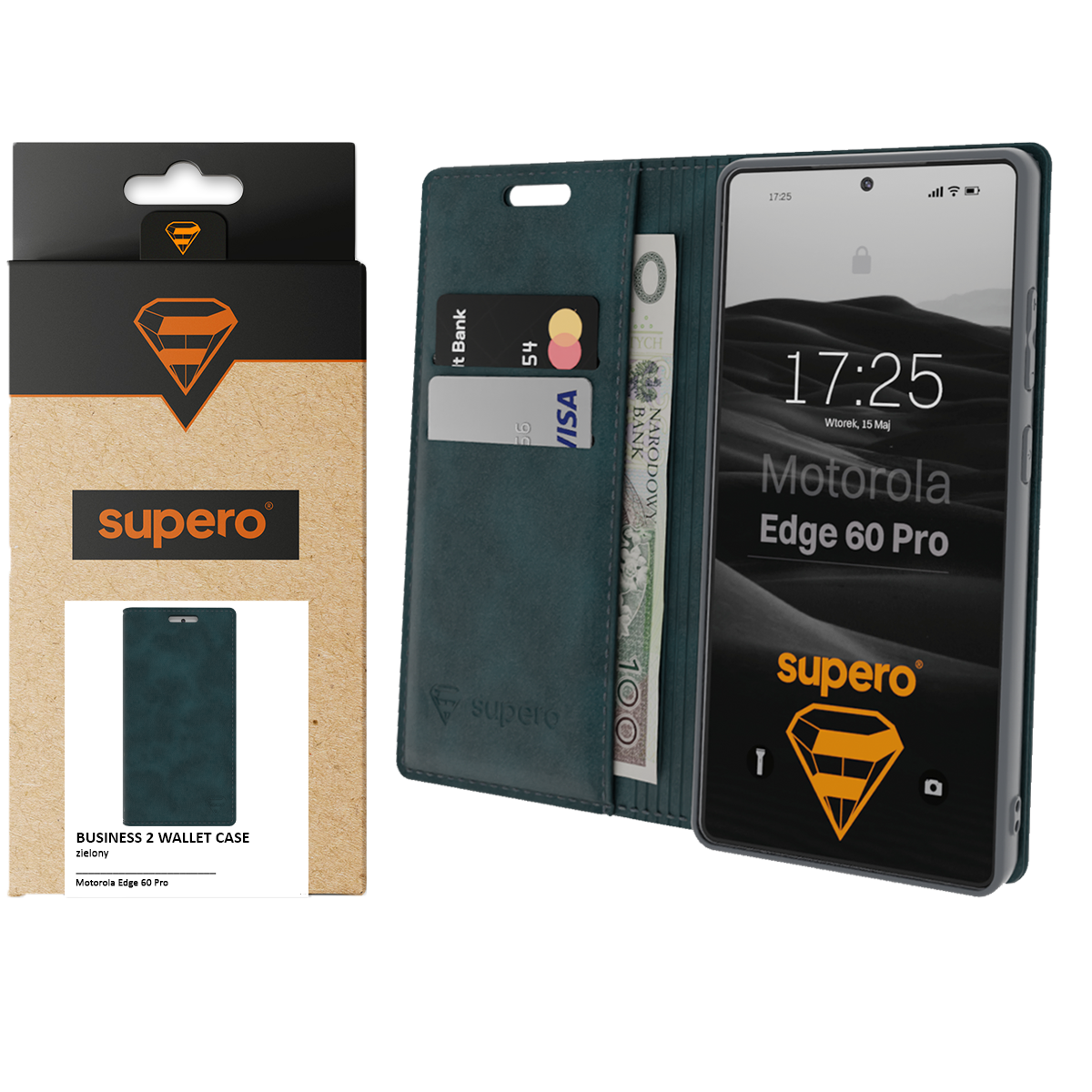 Na obrazie widoczne jest etui z klapką do telefonu Motorola Edge 60 Pro, wykonane z materiału przypominającego skórę, z miejscem na karty i banknoty. Obok znajduje się opakowanie z logo \'supero\' i napisem \'BUSINESS 2 WALLET CASE zielony\'.