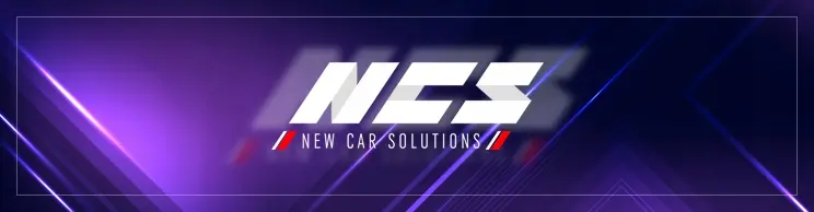 Grafika przedstawia logo \'NCS\' z napisem \'NEW CAR SOLUTIONS\' na tle w odcieniach fioletu z geometrycznymi wzorami.
