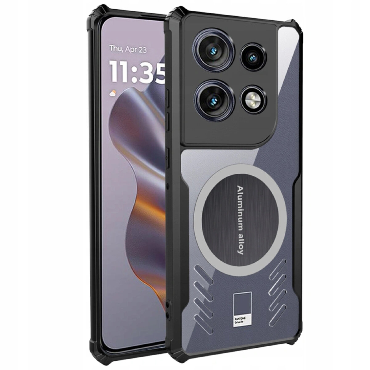 Etui do telefonu z trzema dużymi otworami na aparaty oraz napisem \'Aluminum alloy\' na okrągłym elemencie. Na ekranie telefonu widoczna jest godzina 11:35 i data Thu, Apr 23.