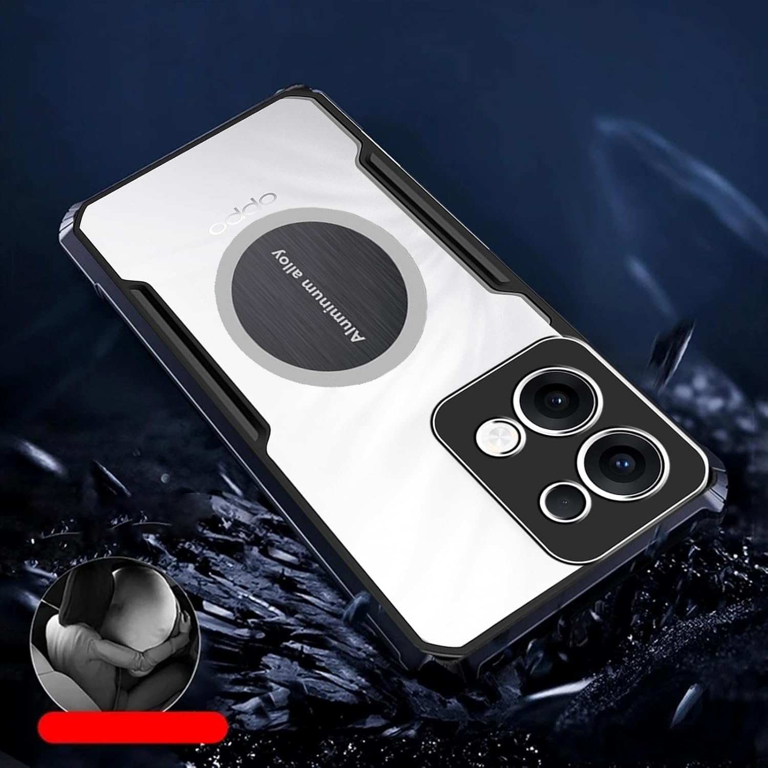 Obraz przedstawia etui na telefon z widocznymi wzmocnionymi rogami i napisem \'Aluminum Alloy\'. Etui ma wycięcia na aparat z trzema obiektywami i logo \'oppo\'.